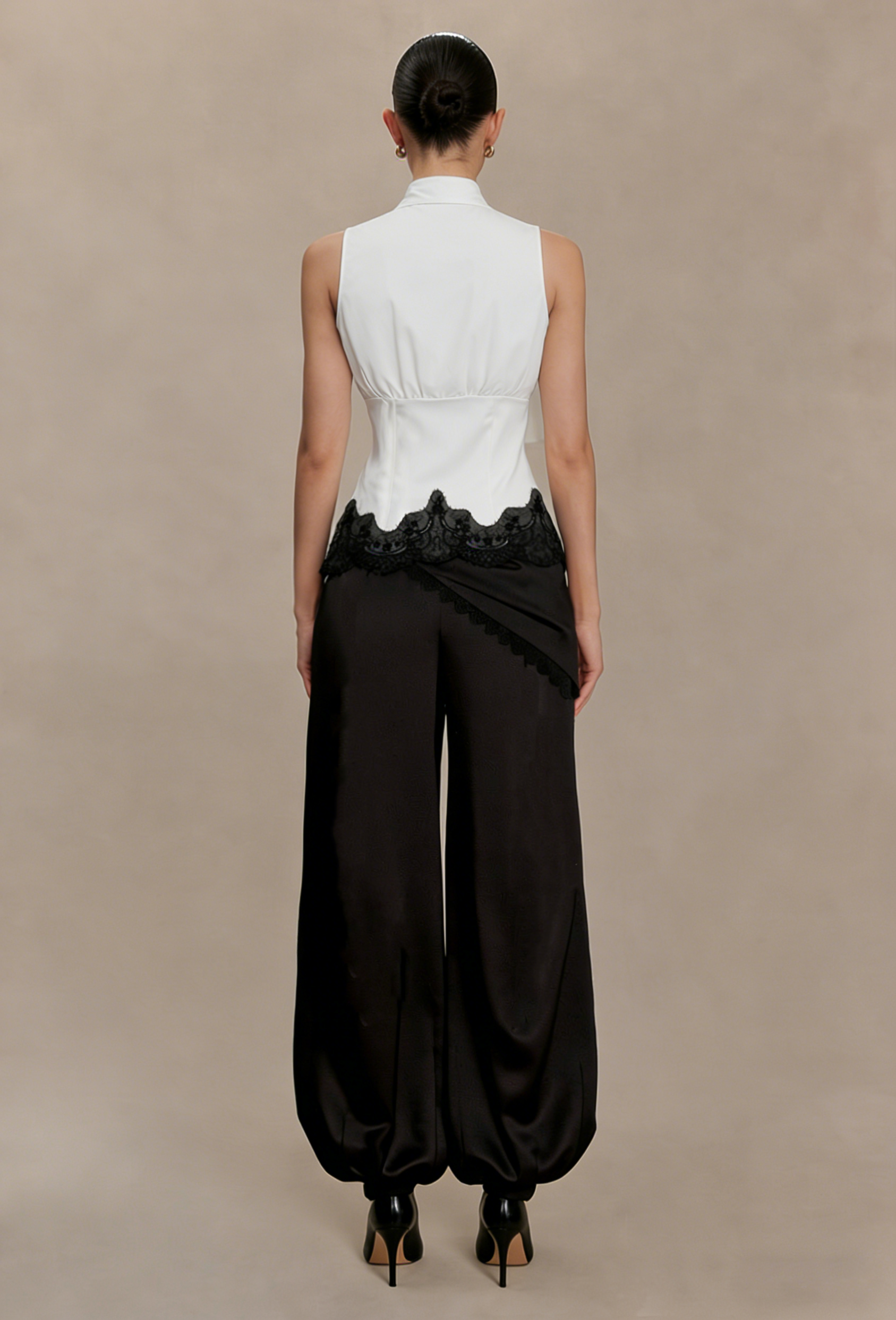 Wrap Waist Lace Trim Satin High Waisted Balloon Pants