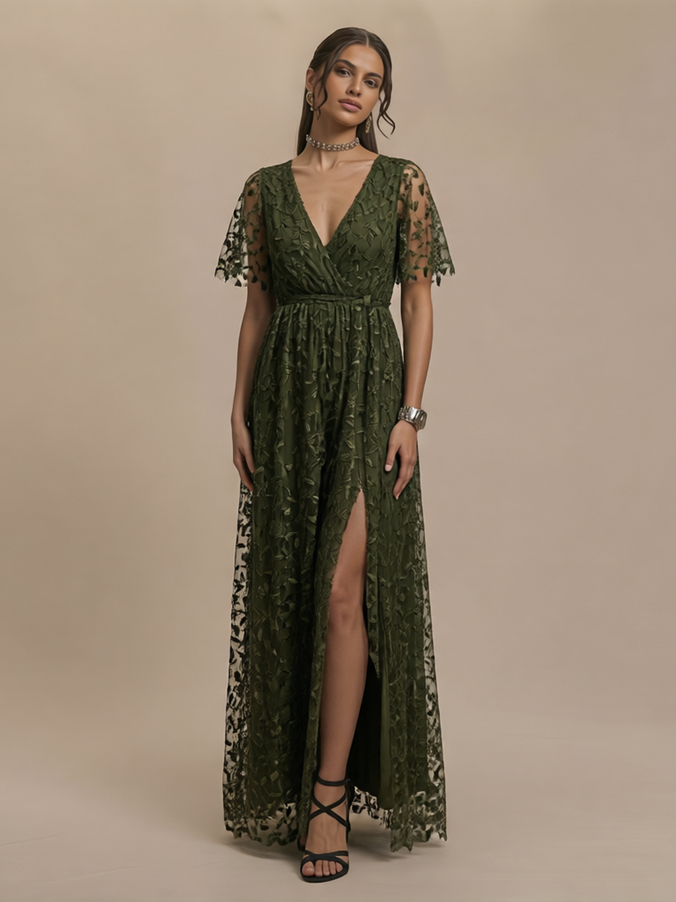 Women's Bohemian Style V-Neck Flutter Sleeve Embroidered Sheer Maxi Dress