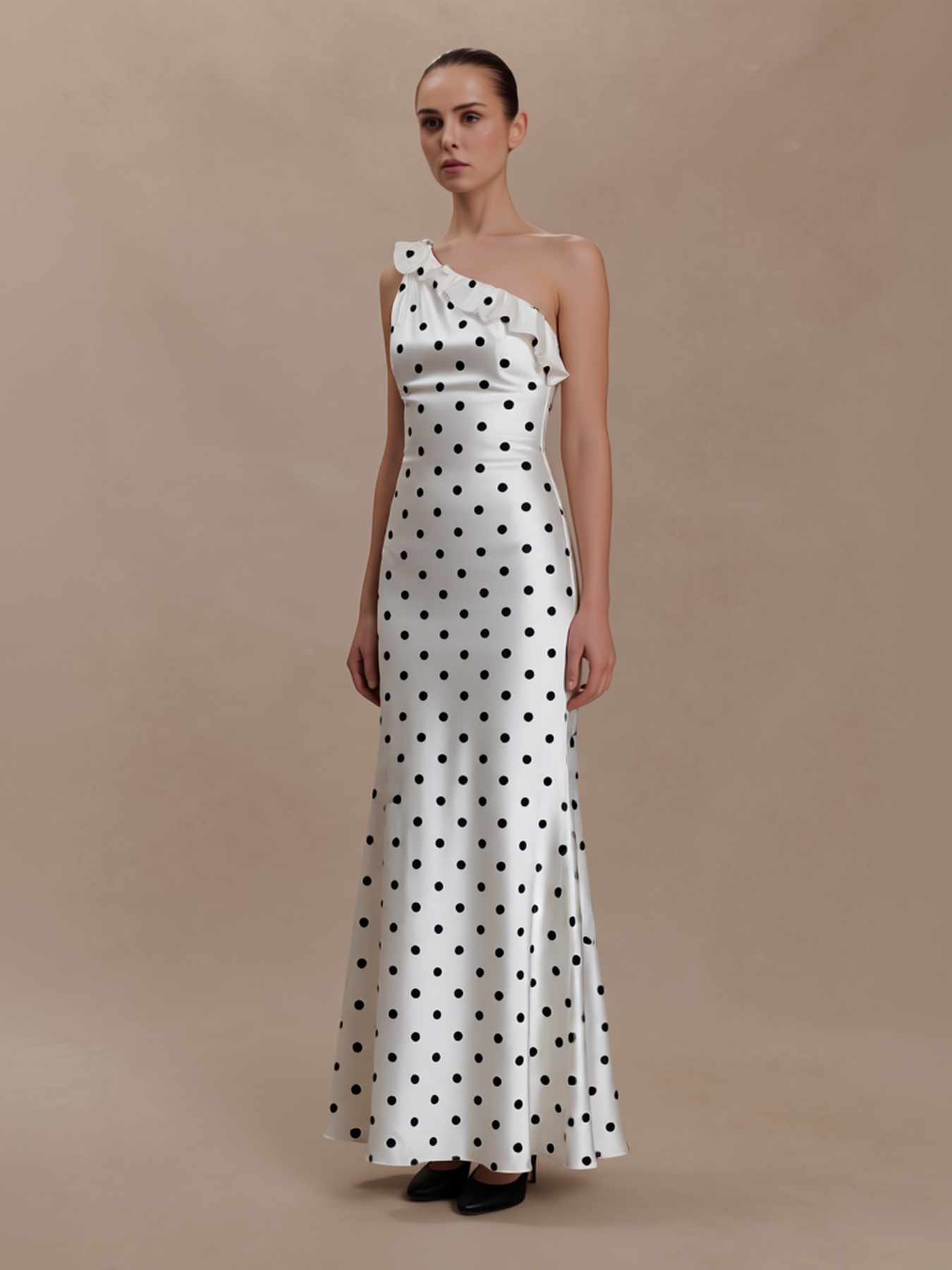 2026 Spring Summer Vintage Socialite Style Polka Dot Satin One-Shoulder Formal Dress | Ruffle Trim Fitted Mermaid Maxi Dress