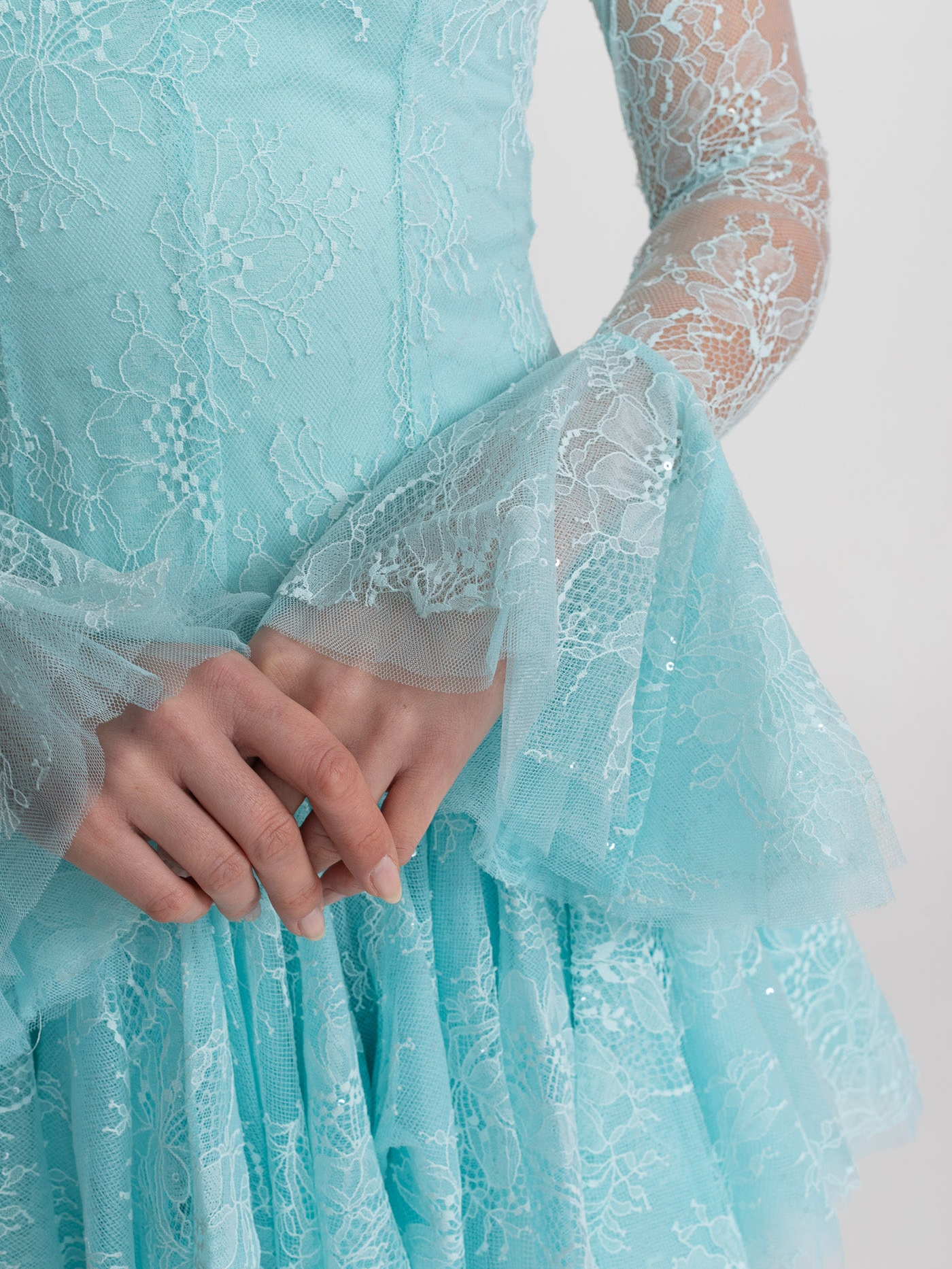 Women's Vintage Lace Tiered Mini Dress - Long Bell Sleeves & Sheer Mesh Neckline