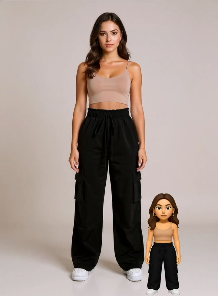 Women's Black High-Waisted Drawstring Cargo Pants