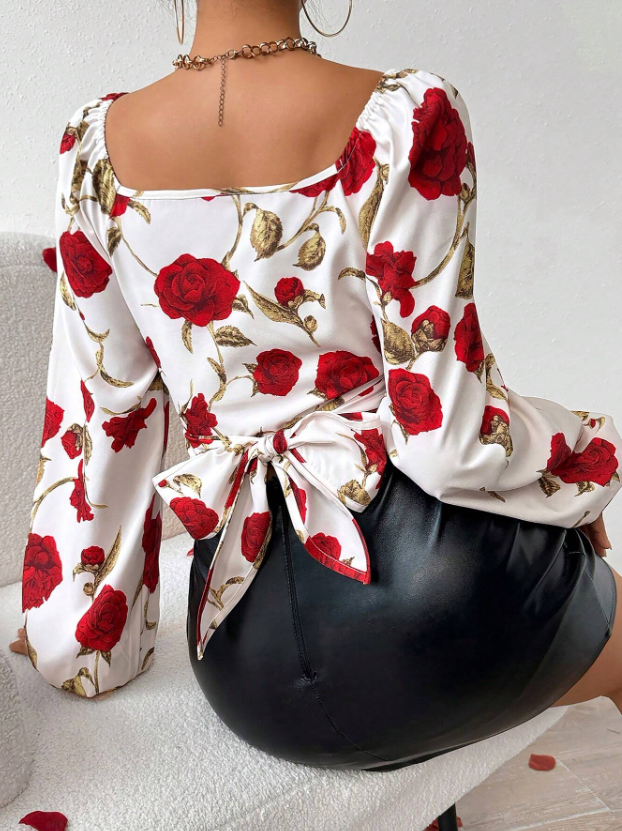 Women's Off-Shoulder Rose Print Long Sleeve Crop Top