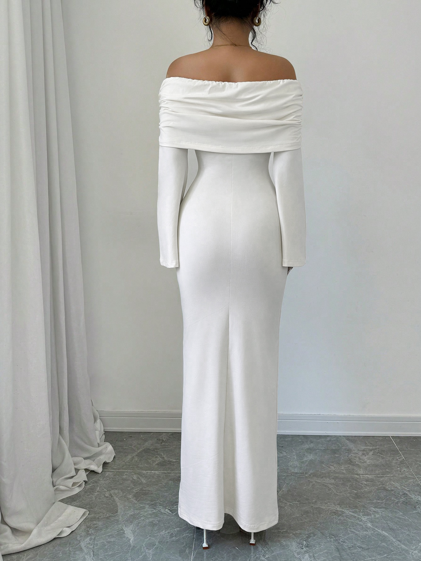 Women's White Off-The-Shoulder Long Sleeve Maxi Dress with Floral Applique