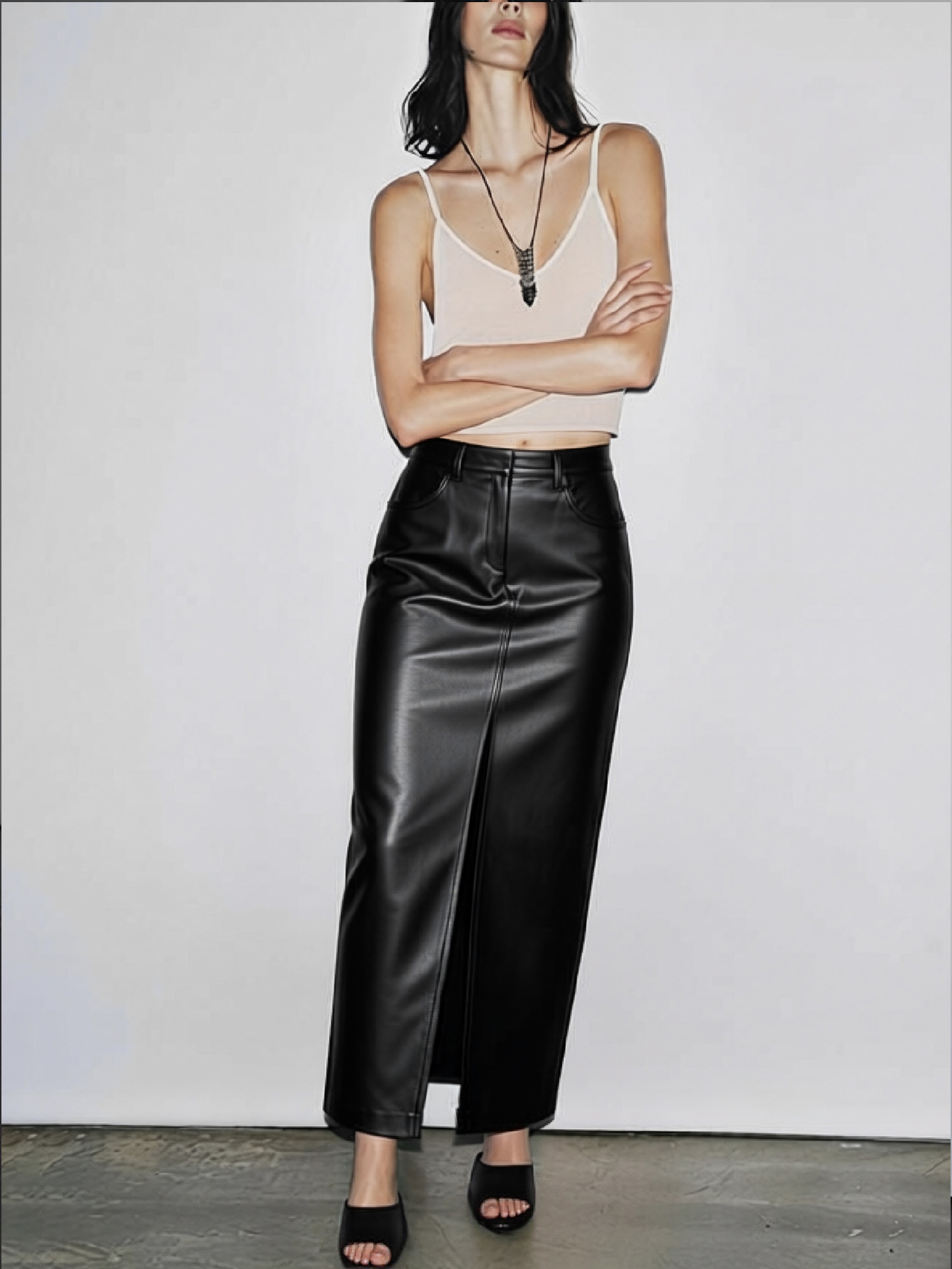 2026 Spring/Summer New Arrival: Sexy, Stylish, and Commuter-Friendly Asymmetrical Leather Midi Skirt with a Large Side Slit-Aetheryn