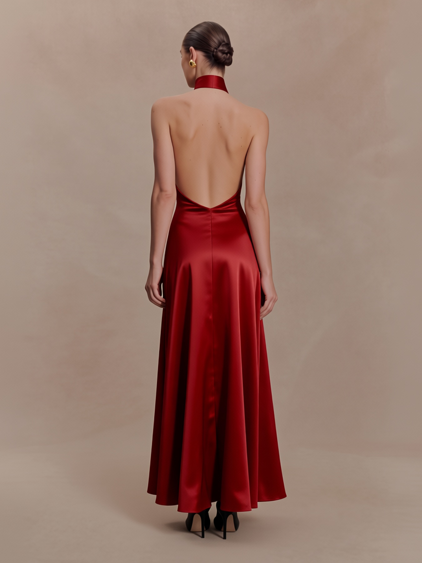 2026 Spring Summer Burgundy Satin Halter Formal Dress : Bow Tie Backless Maxi Sexy Dress