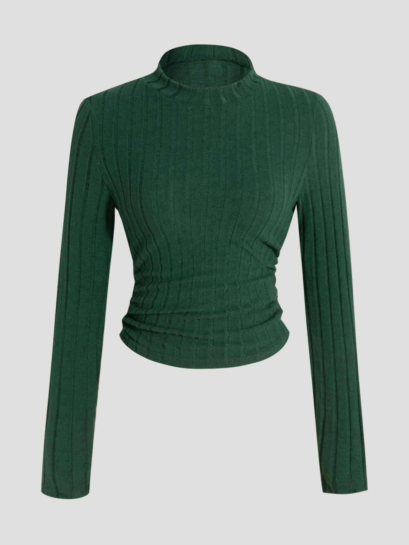 Women's Dark Green Ribbed Mock Neck Long Sleeve Top