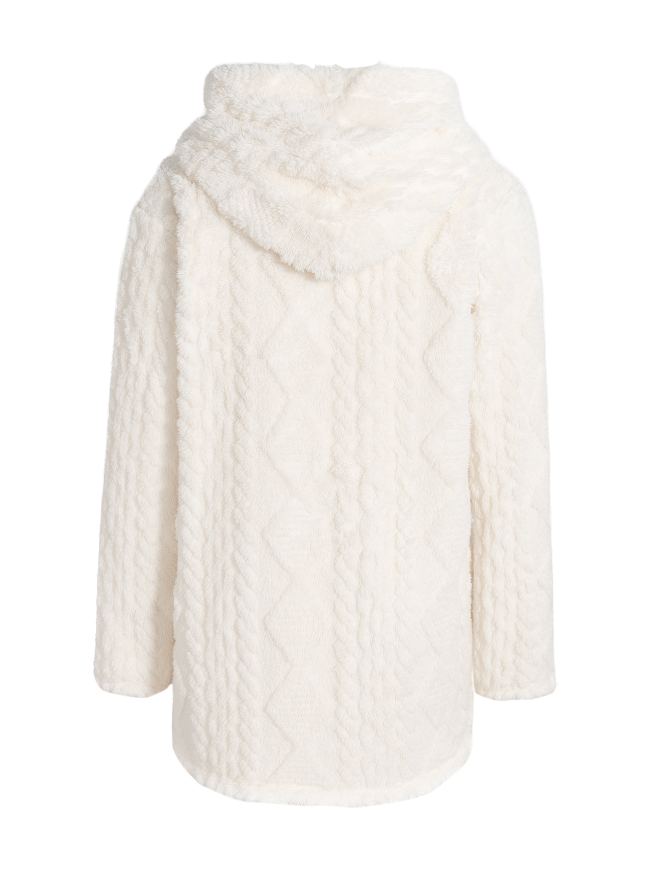 Woman's Cream Faux Fur Hooded Coat with Cable Knit Texture & Metal Buttons