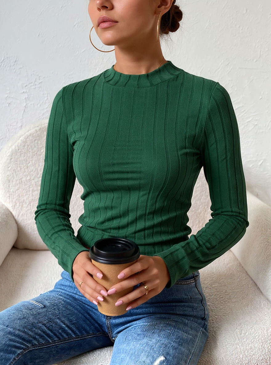 Women's Dark Green Ribbed Mock Neck Long Sleeve Top