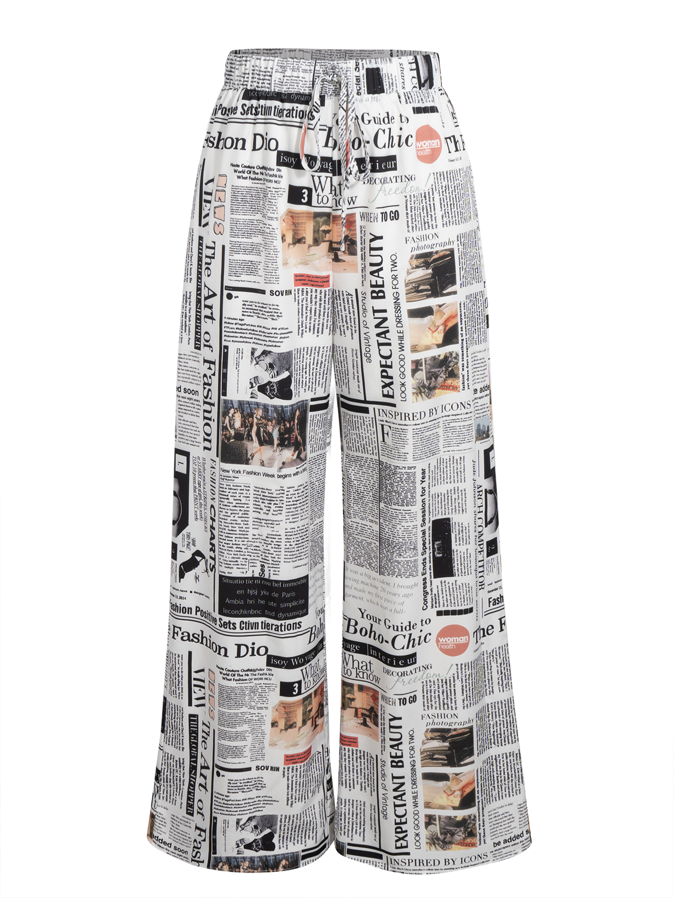 Woman's Newspaper Print Drawstring Wide-Leg Pants : Loose Casual Vacation Pants