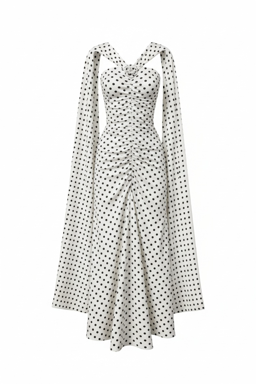 2026 Spring Summer Vintage Hepburn Style Polka Dot Maxi Dress - Halter Neck, Off-Shoulder Sleeves & Shirred Waist-Aetheryn