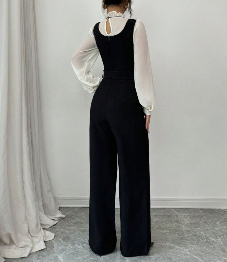Women's Black Wide-Leg Jumpsuit with Bow Tie Waist