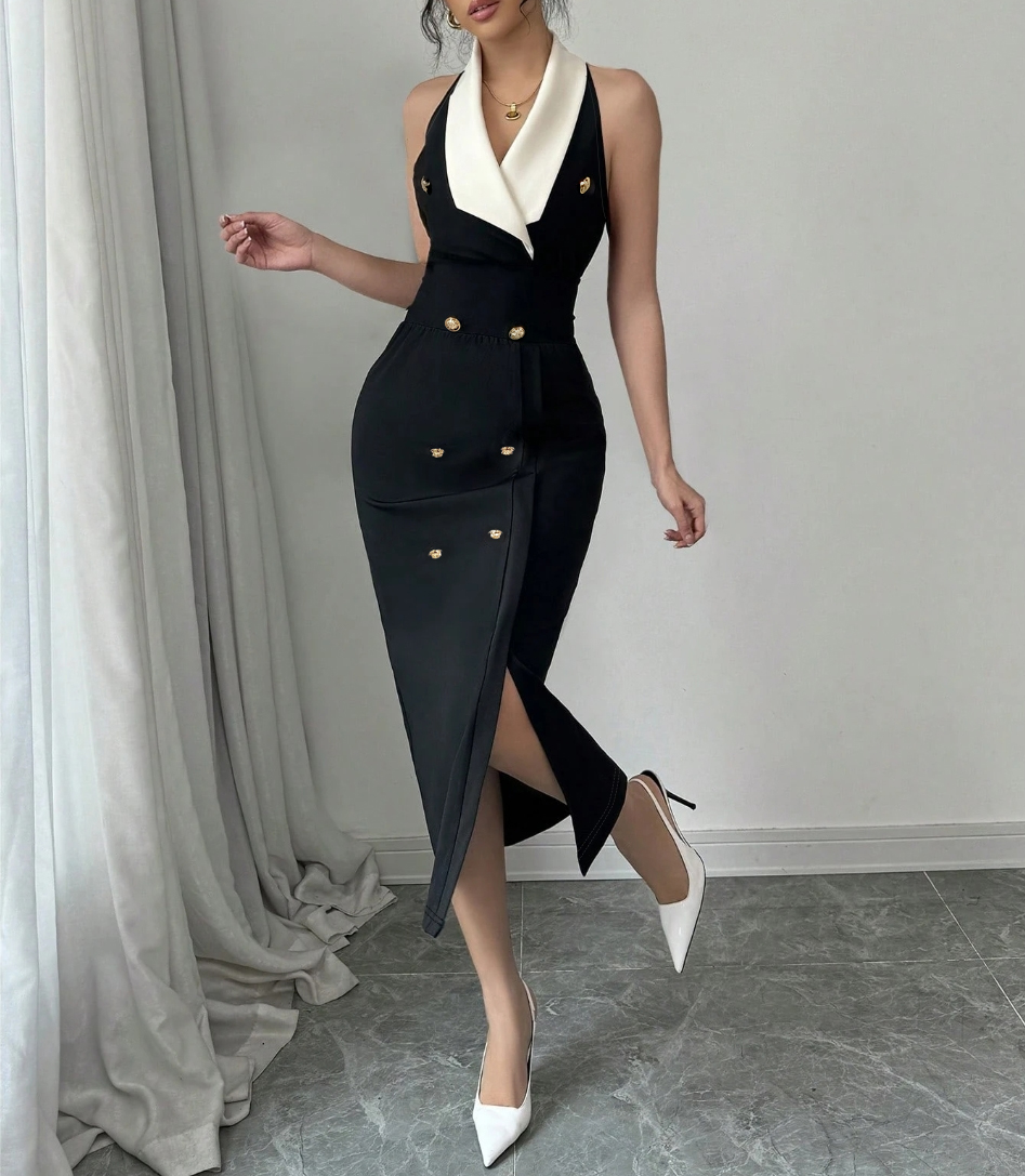 Women's Black Contrast Collar Double-Breasted Midi Dress