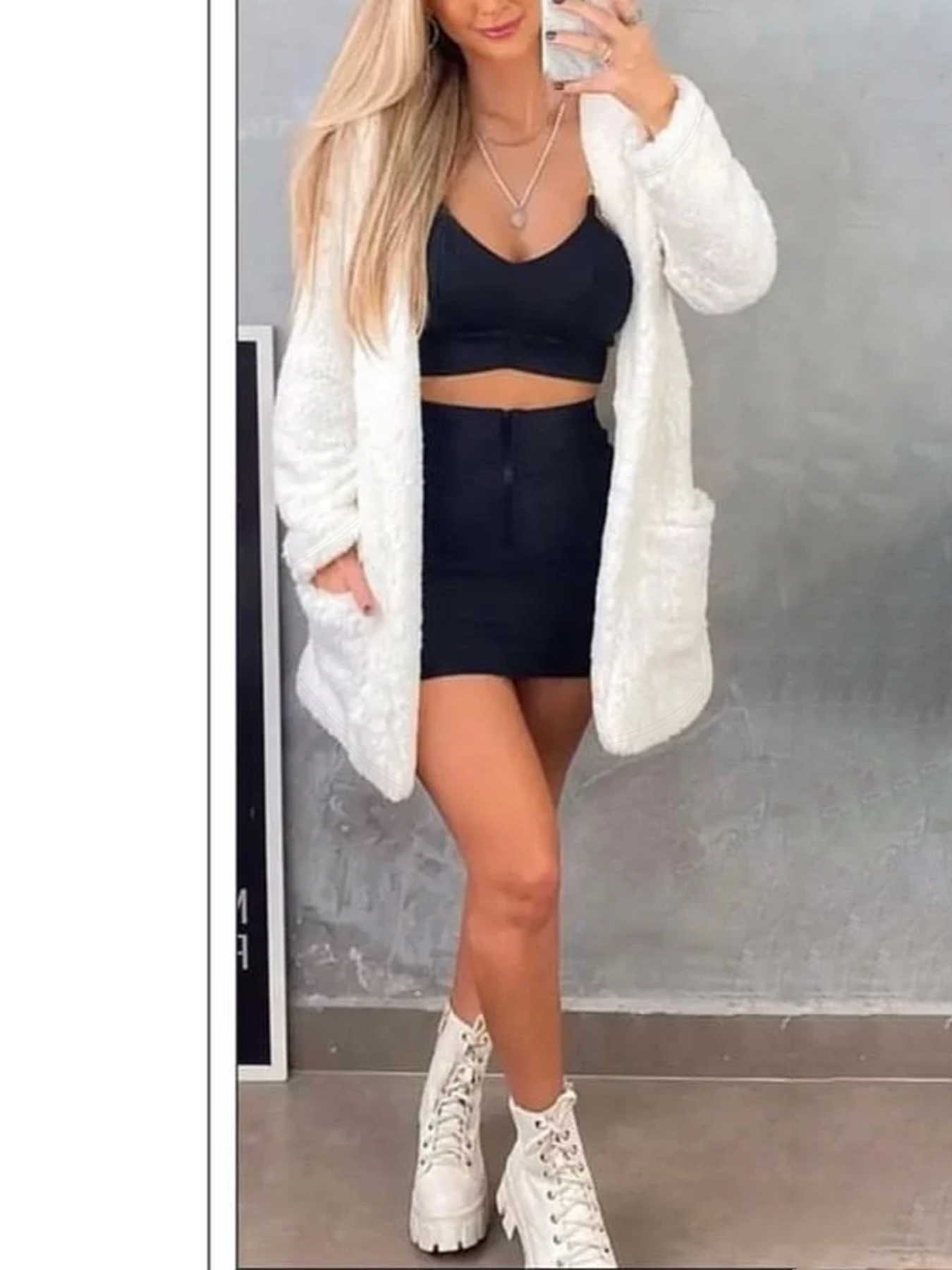 White hooded fleece cardigan Women‘s loose medium-length thermal jacket