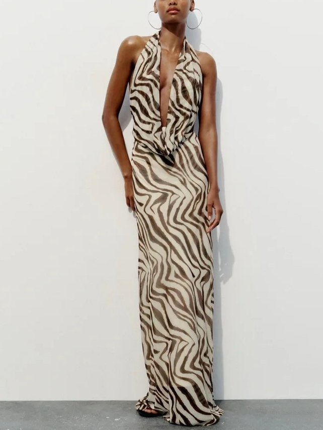 Zebra Print Halter Plunging Cowl Neck Maxi Dress