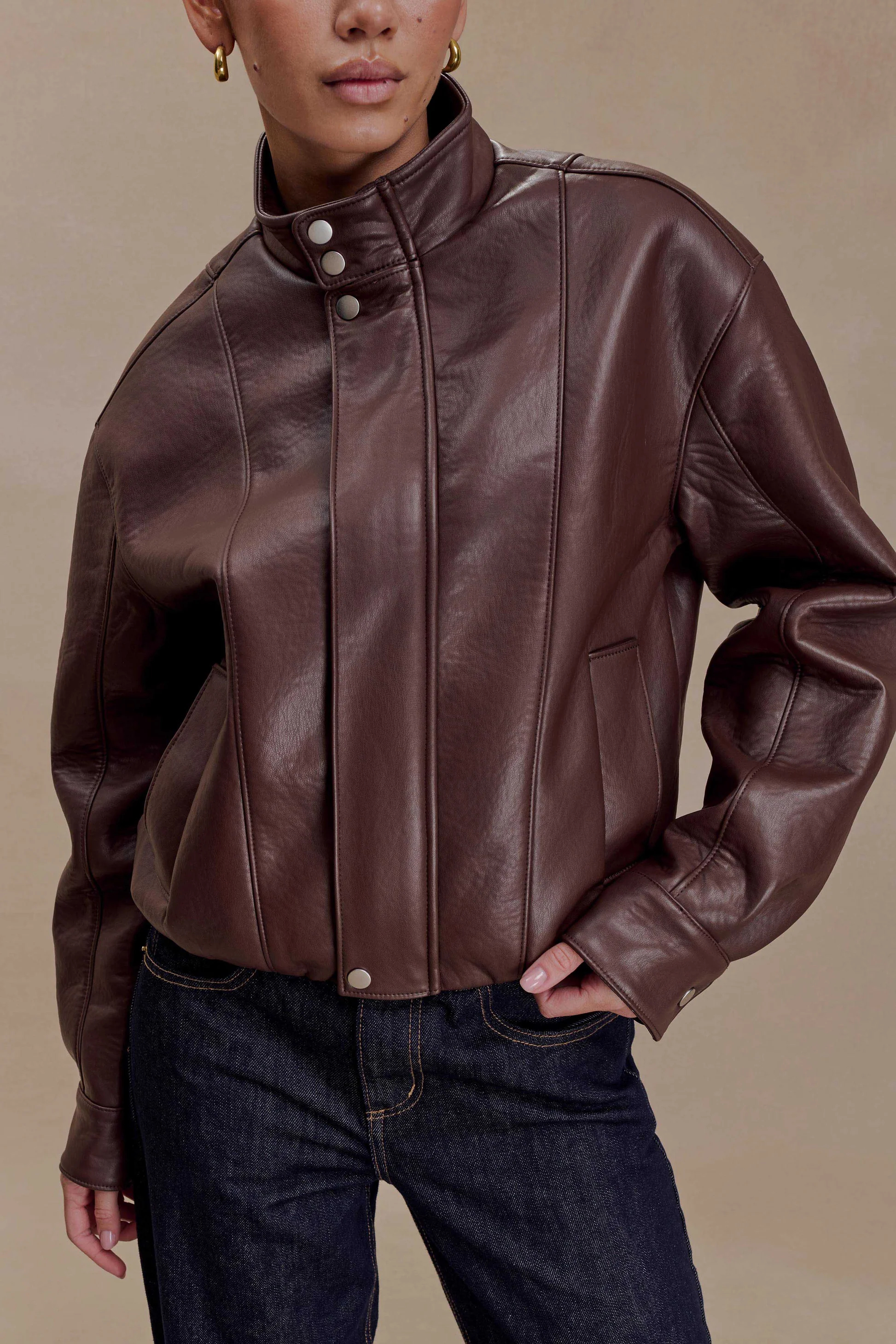 Woman's Vintage Relaxed Fit Stand Collar Short Leather Jacket : Oversized Genuine Leather Bomber