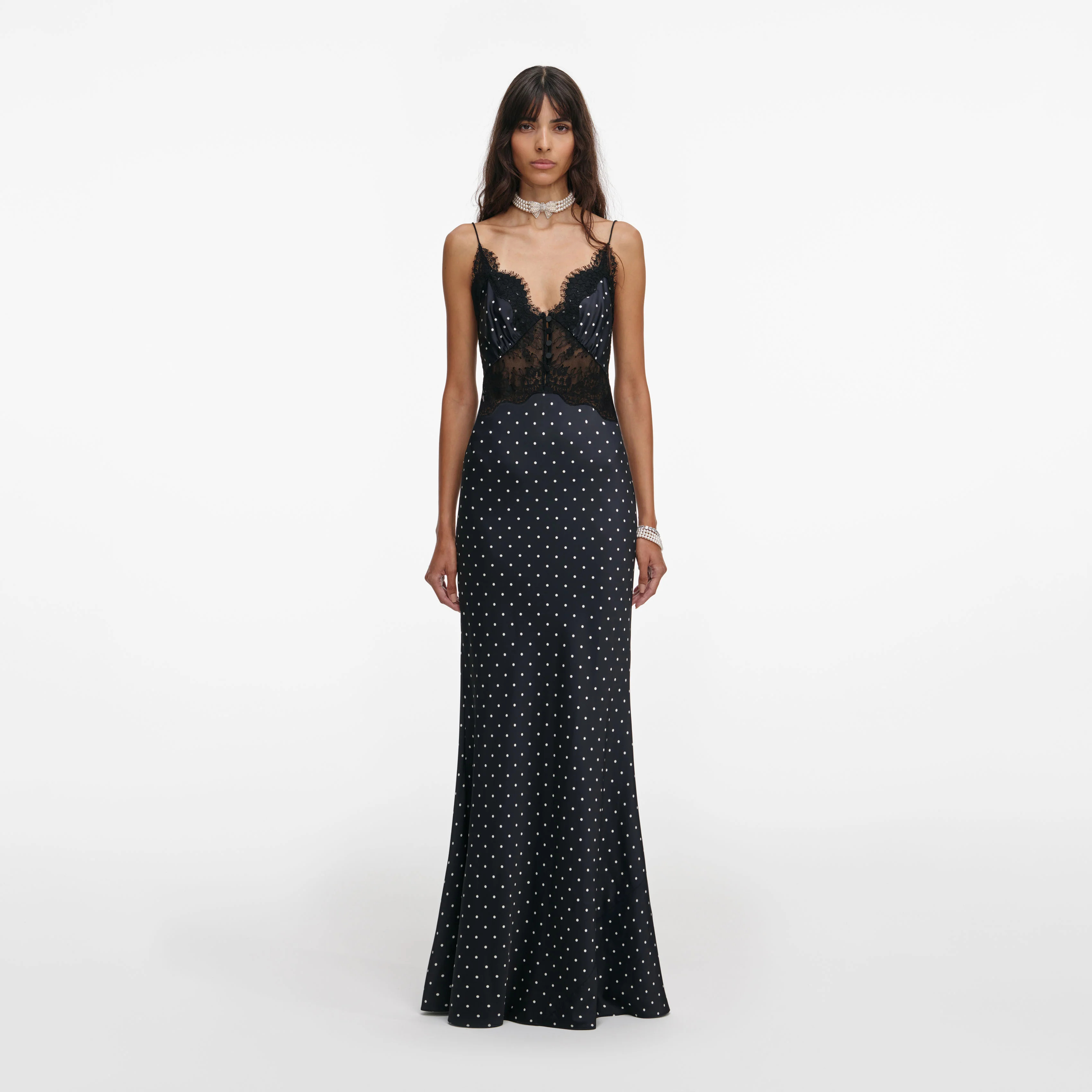 Woman's Vintage Sexy Style Polka Dot Satin Spaghetti Strap Dress: Lace Paneled Backless Maxi Formal Dress