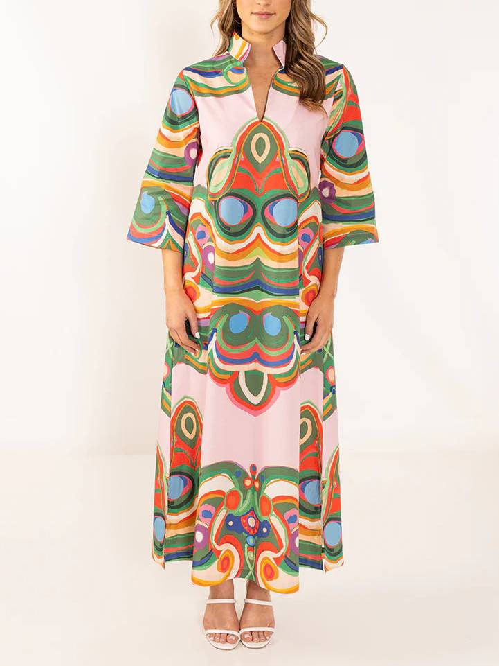 Retro Abstract Print Satin Maxi Dress