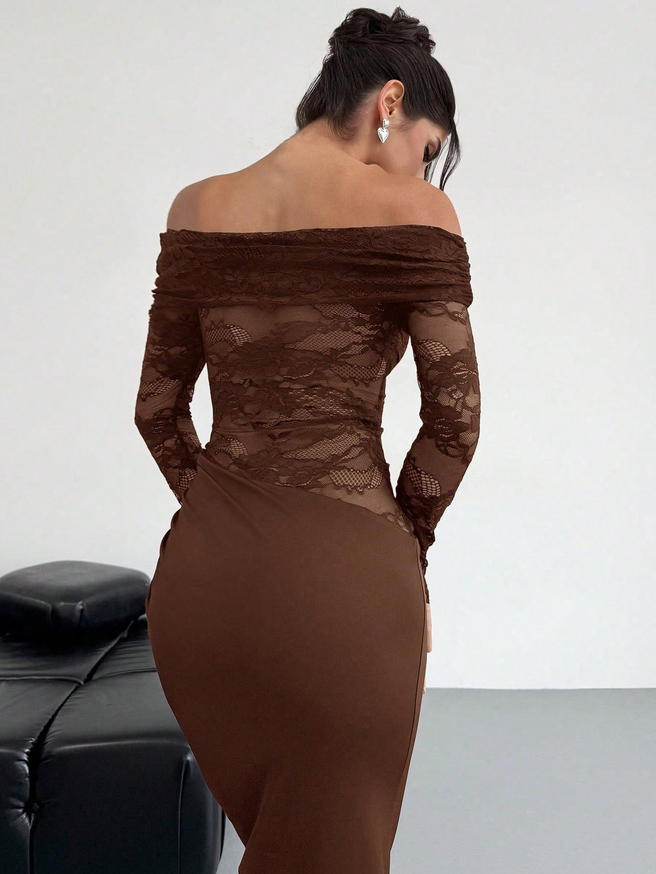 Woman's Chocolate Brown Off-Shoulder Lace Long Sleeve Bodycon Maxi Dress
