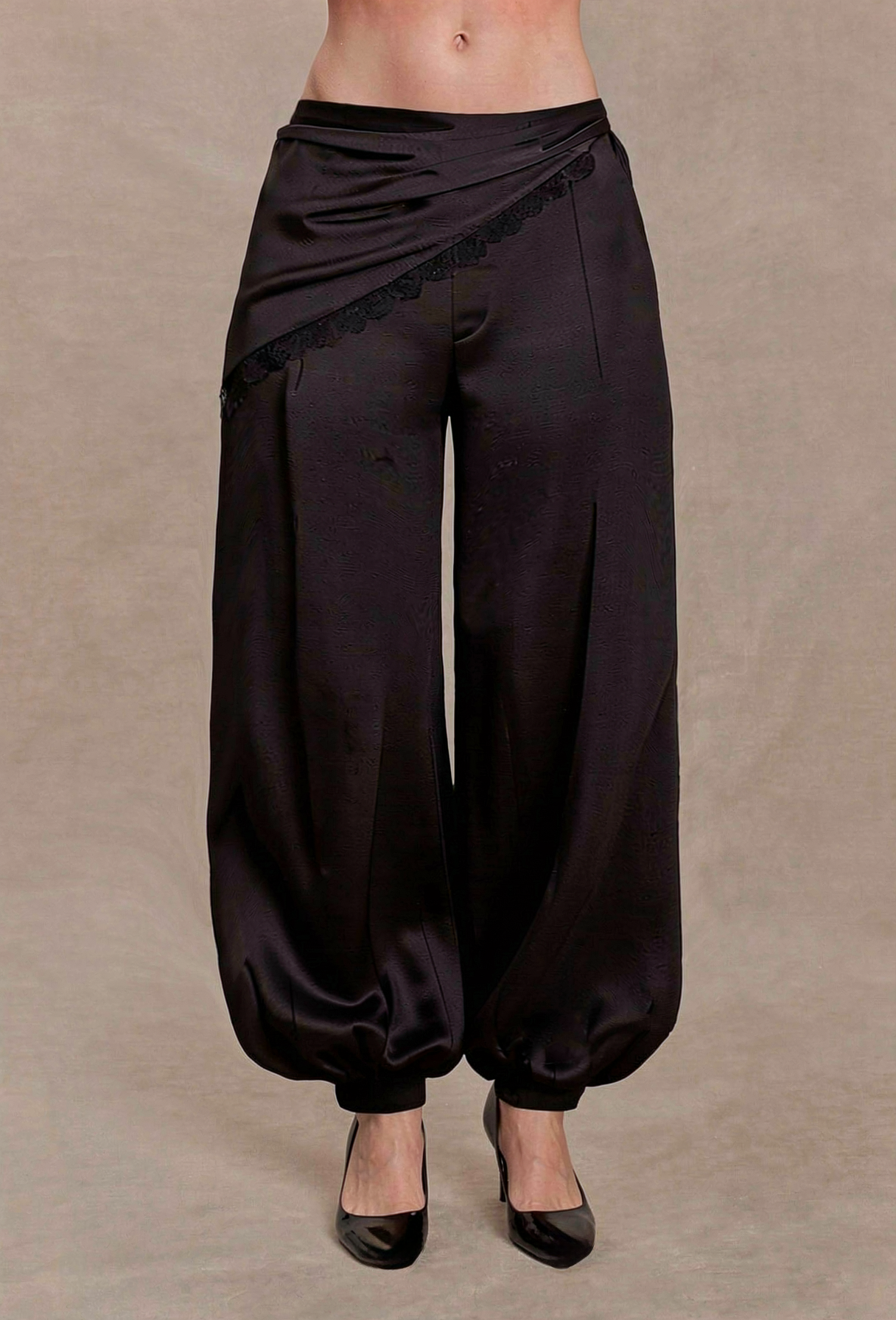 Wrap Waist Lace Trim Satin High Waisted Balloon Pants