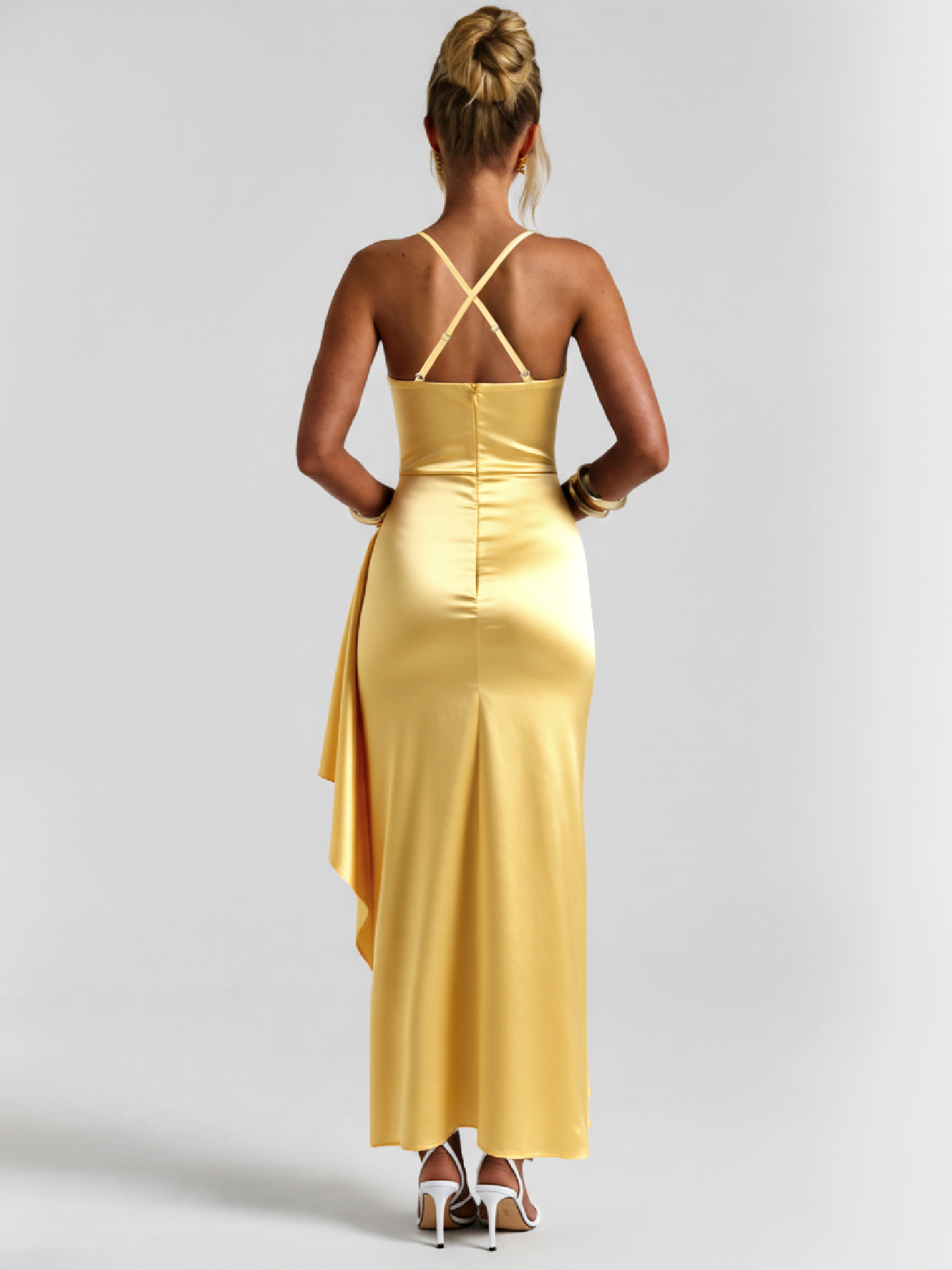 Woman's Yellow Satin Cowl Neck Ruched High Slit Maxi Dress with Thin Straps