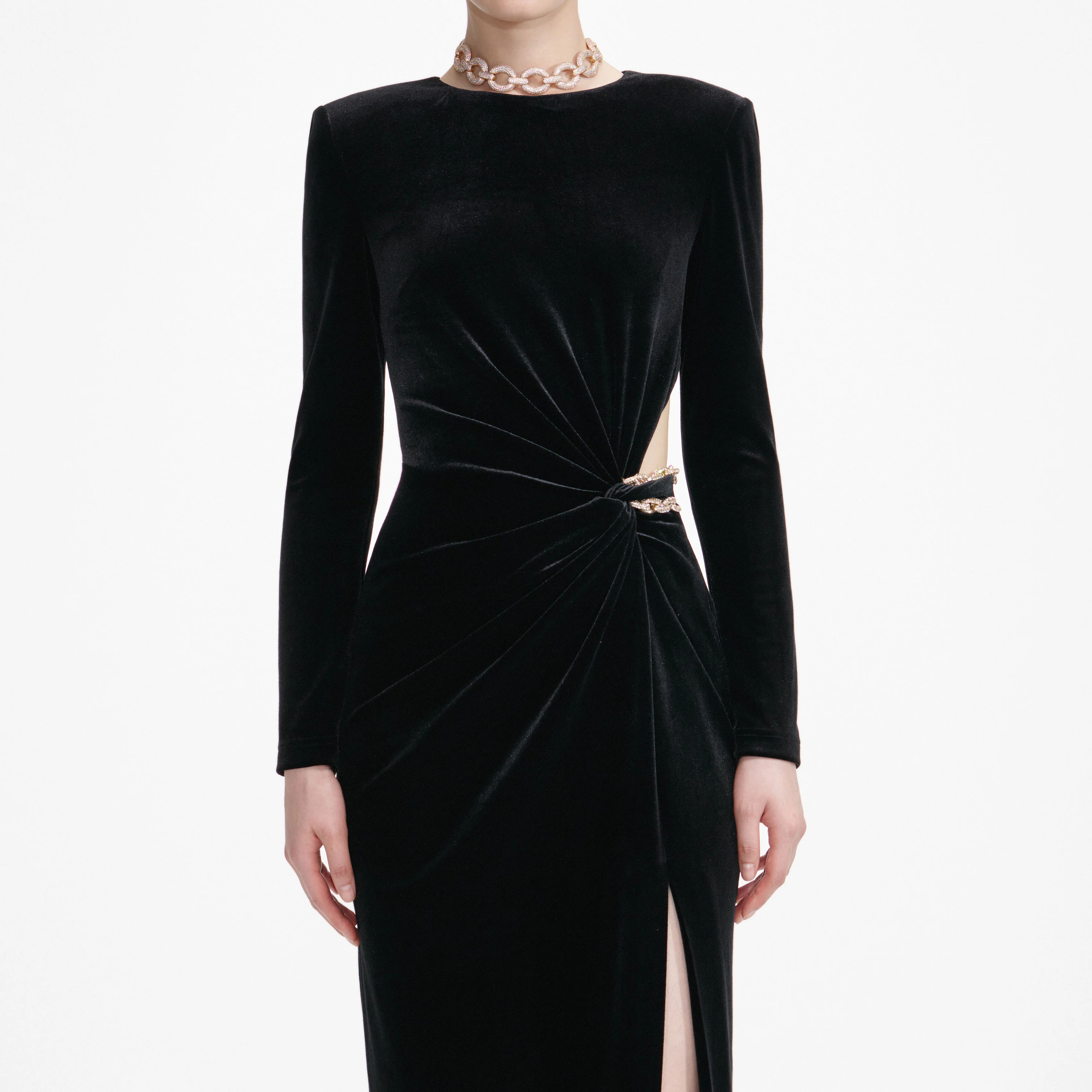 Woman's Vintage Luxury Black Velvet Formal Dress Cutout Waist Twist Metal Buckle Long-Sleeve Slit Maxi Dress