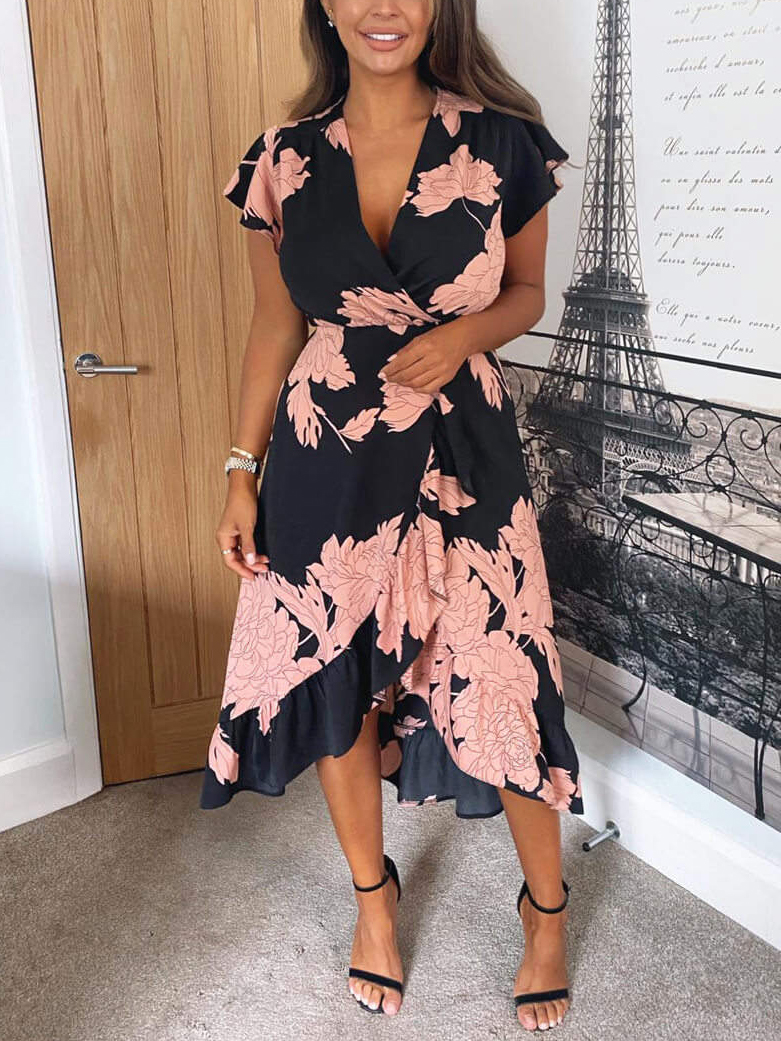 Black and Blush Floral Print Wrap Midi Dress