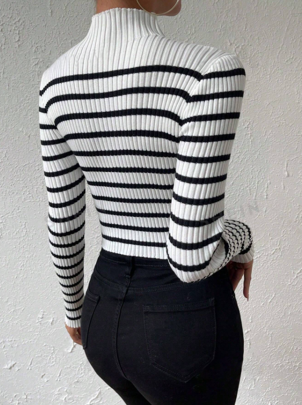 Women's Black and White Striped Mock Neck Ribbed Knit Sweater