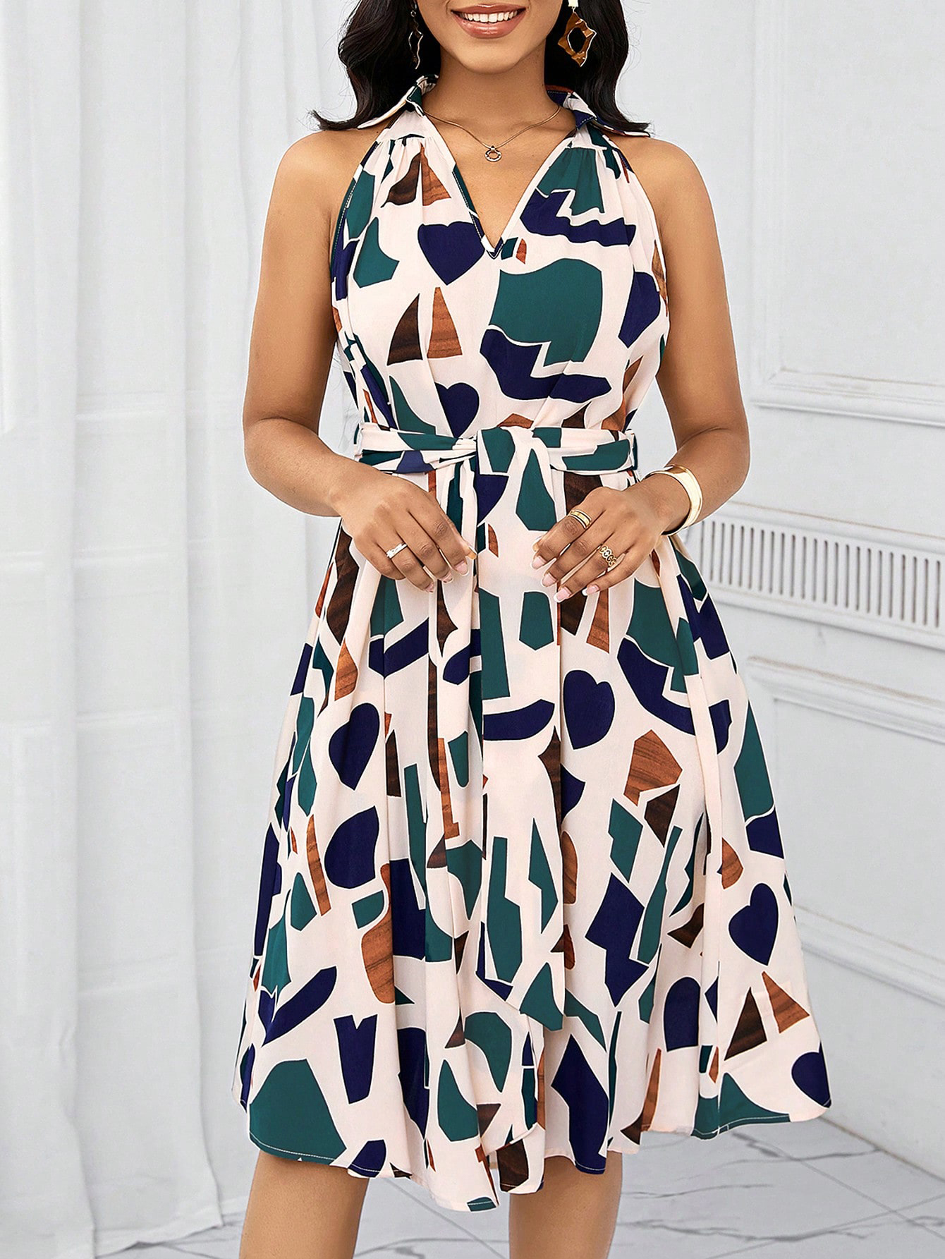 Women's Geometric Print Halter Neck Belted Midi Dress