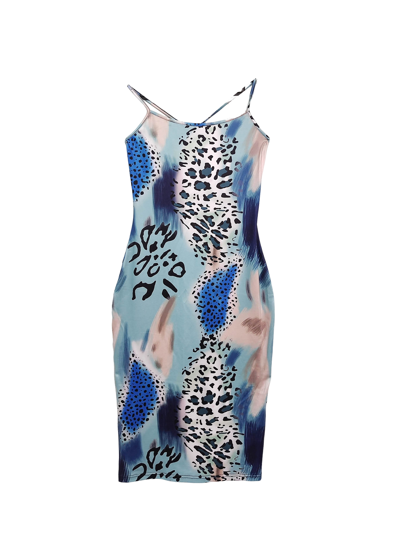 Women's Blue Leopard Print Spaghetti Strap Bodycon Midi Dress