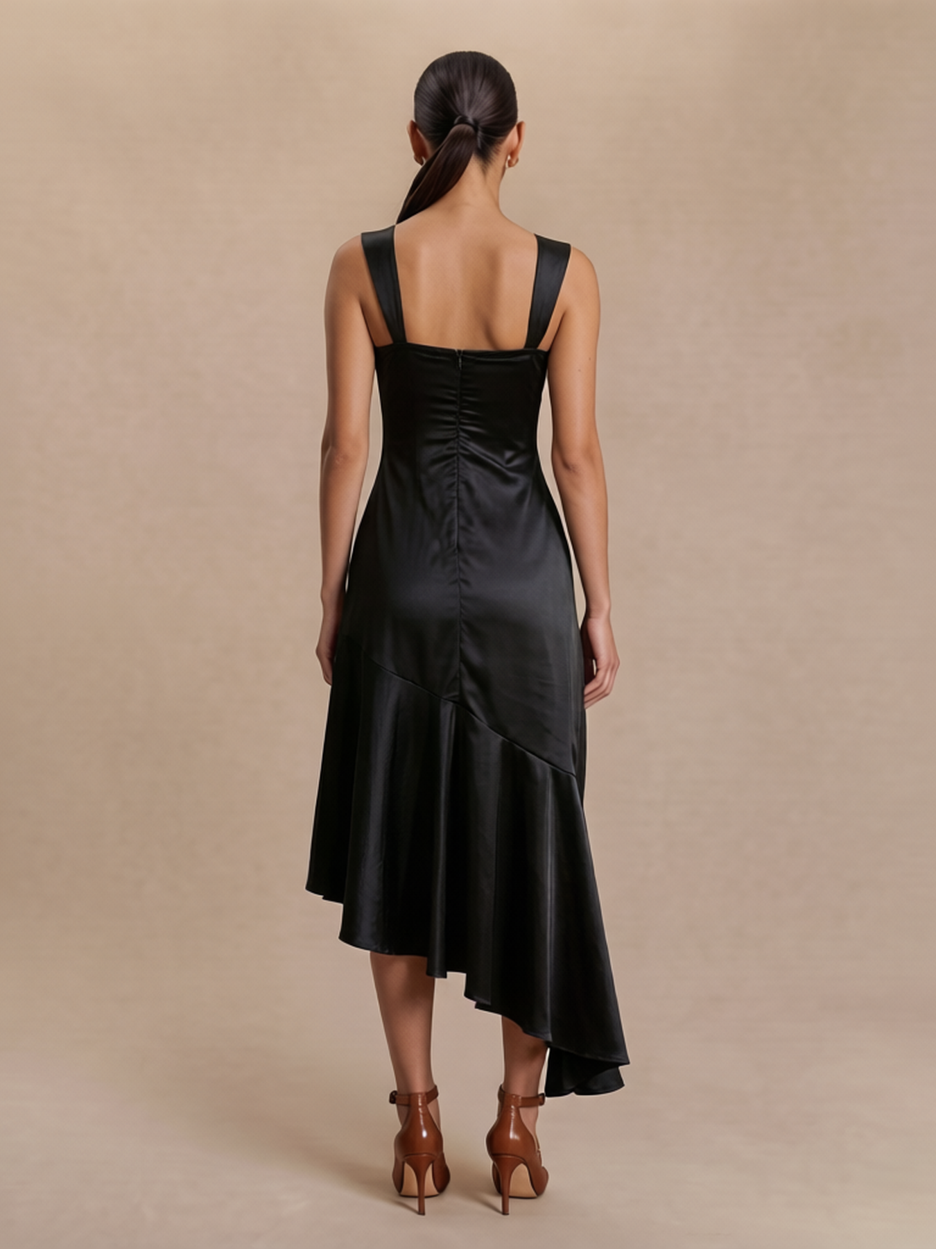 Satin Asymmetrical Midi Dress with Lace Trim