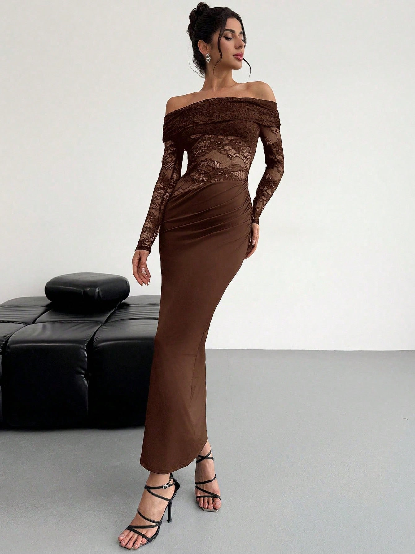 Woman's Chocolate Brown Off-Shoulder Lace Long Sleeve Bodycon Maxi Dress
