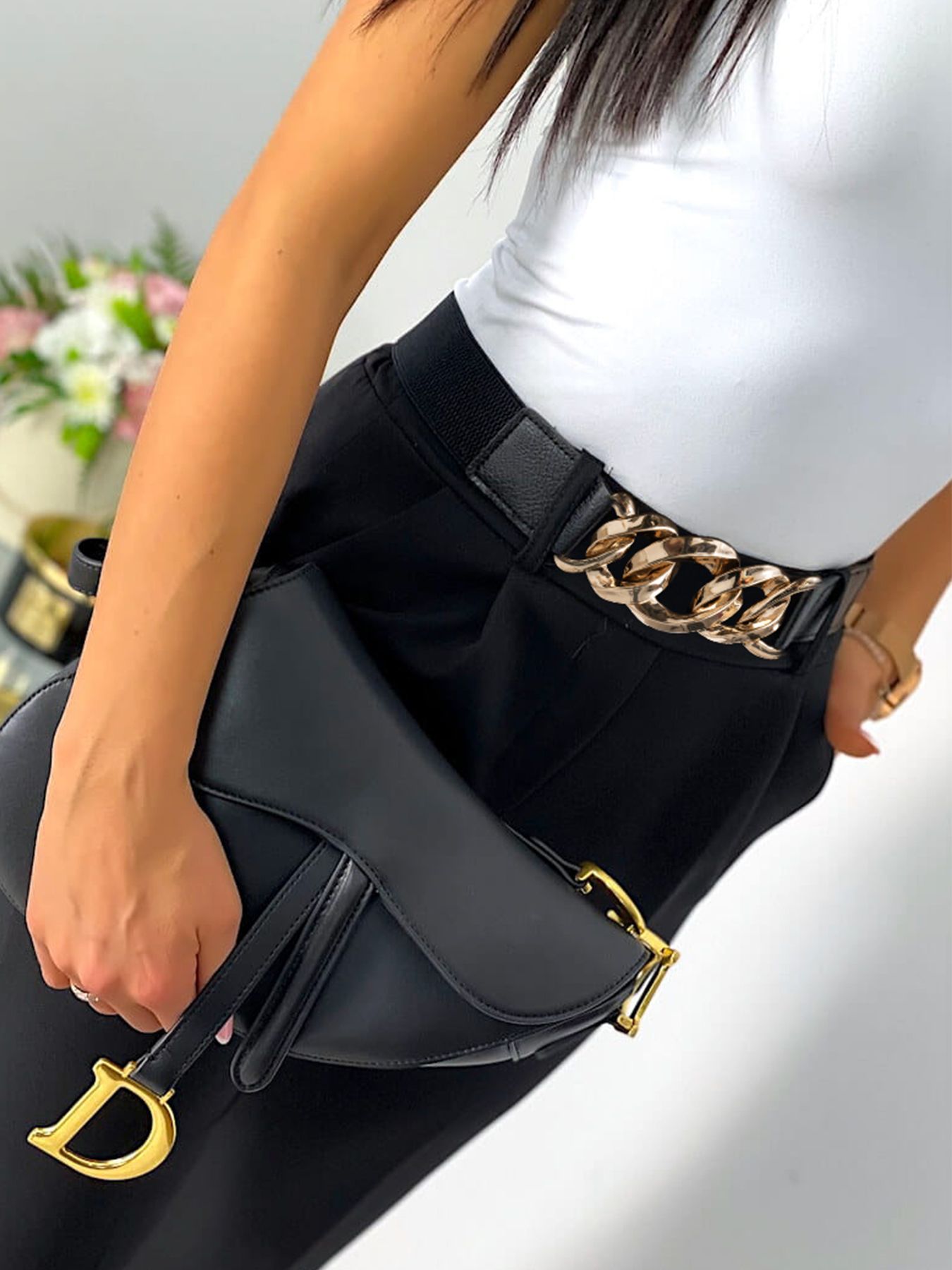 Women's Black High-Waisted Tapered Trousers with Chain Belt