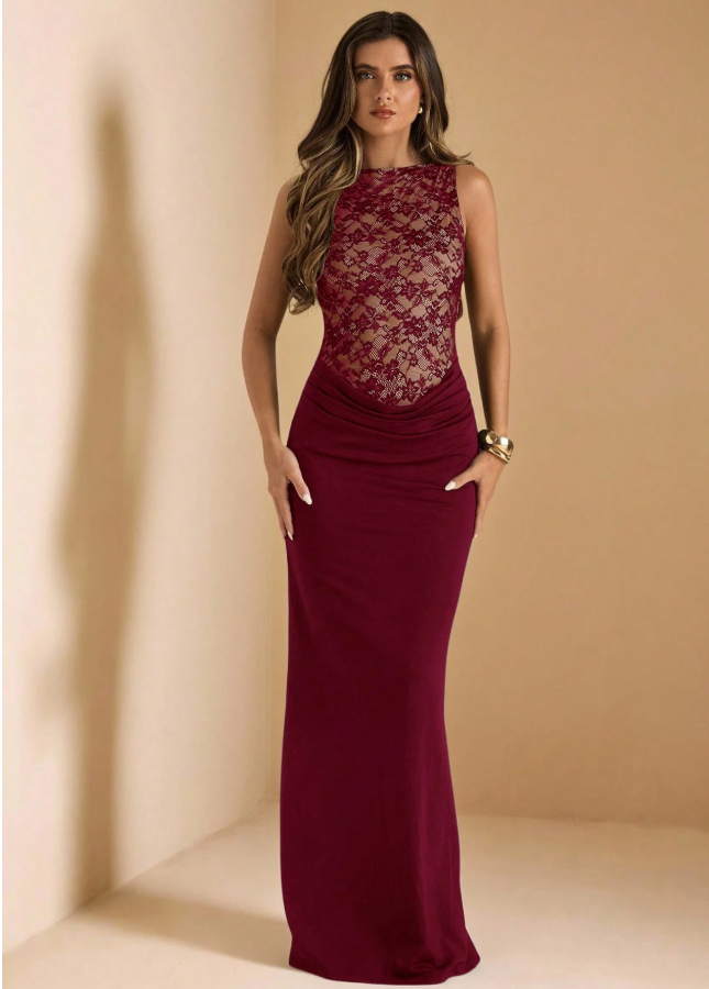 Woman's Burgundy Lace High Neck Sleeveless Bodycon Maxi Dress