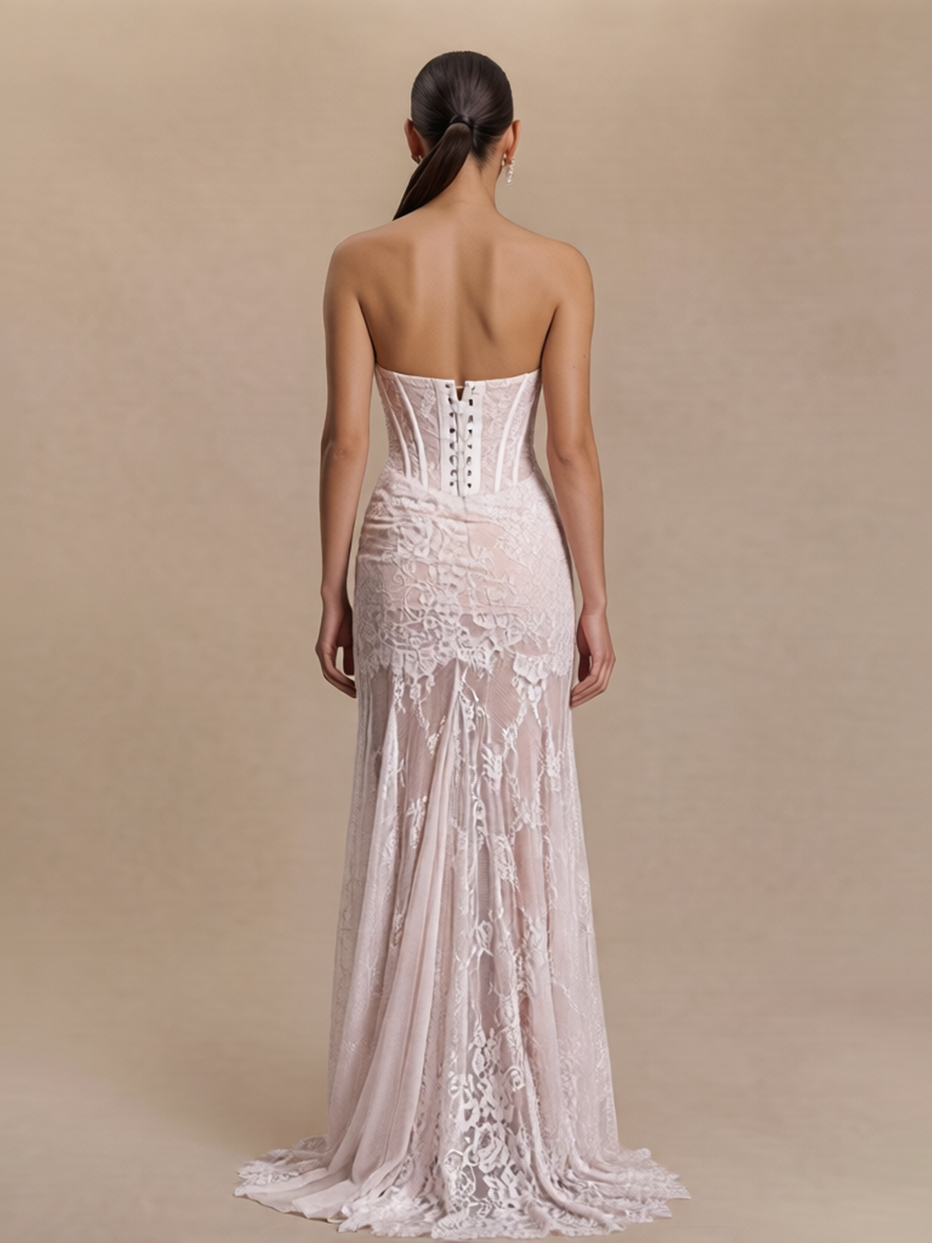 Strapless Boned Corset Bodice Sheer Lace Mermaid Trailing Maxi Dress