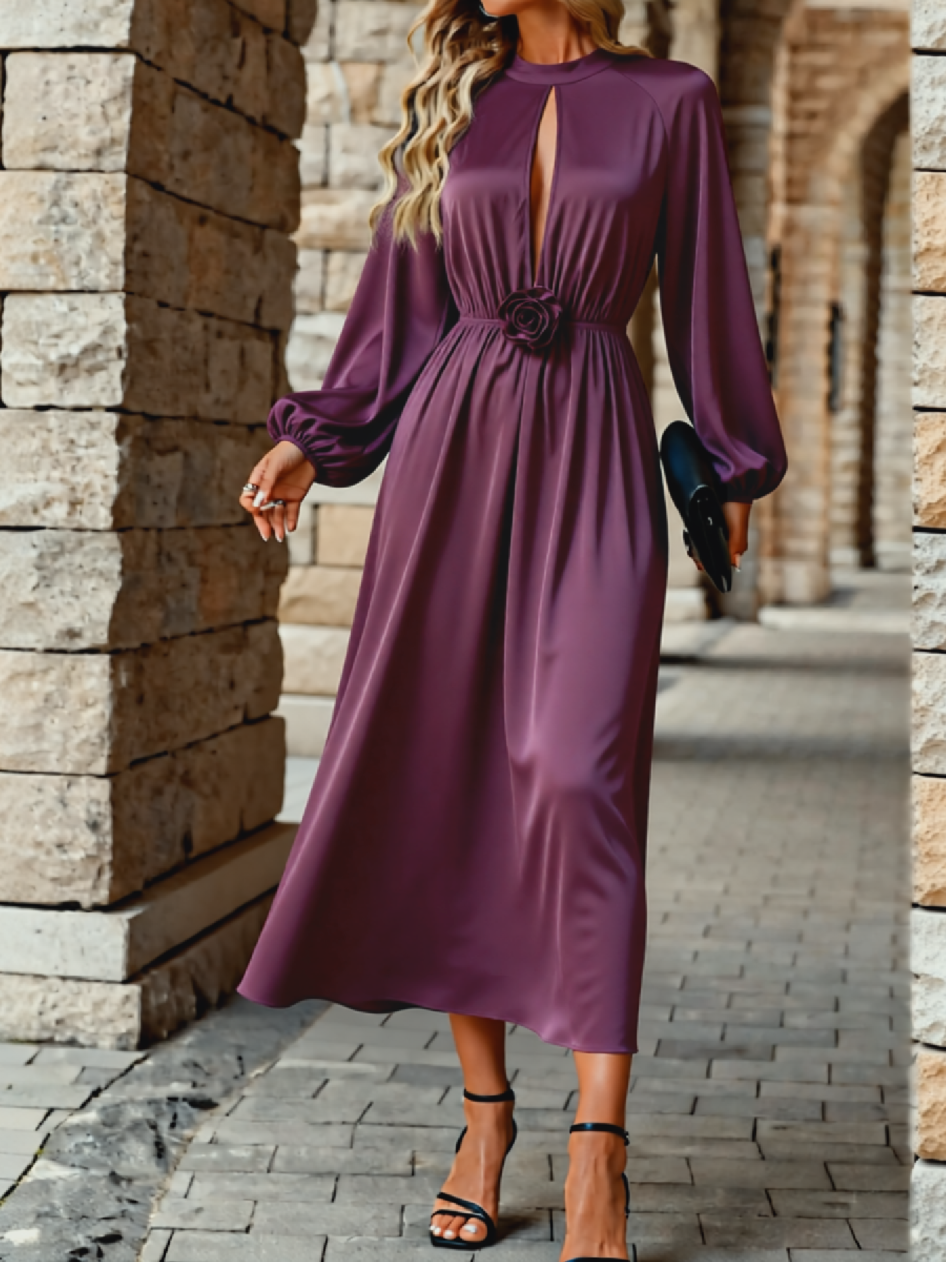 Woman's Plum Satin Keyhole Cutout Lantern Sleeve Midi Dress