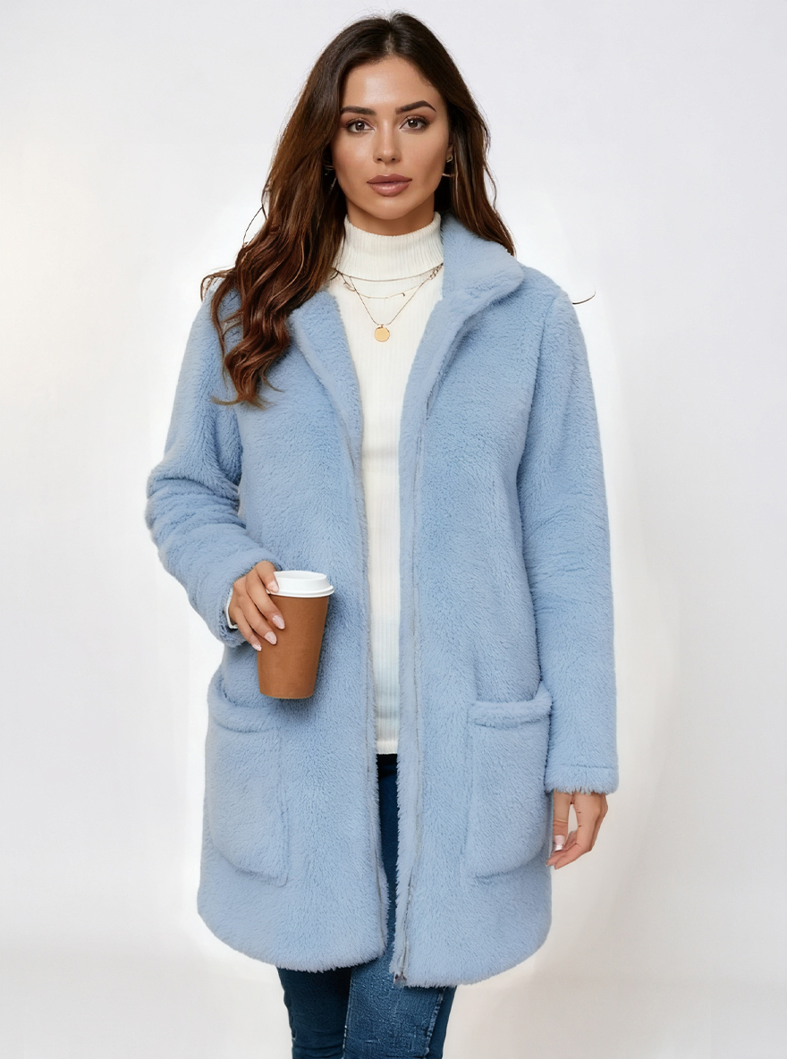 Women's Gray Fleece Zip-Up Longline Teddy Coat