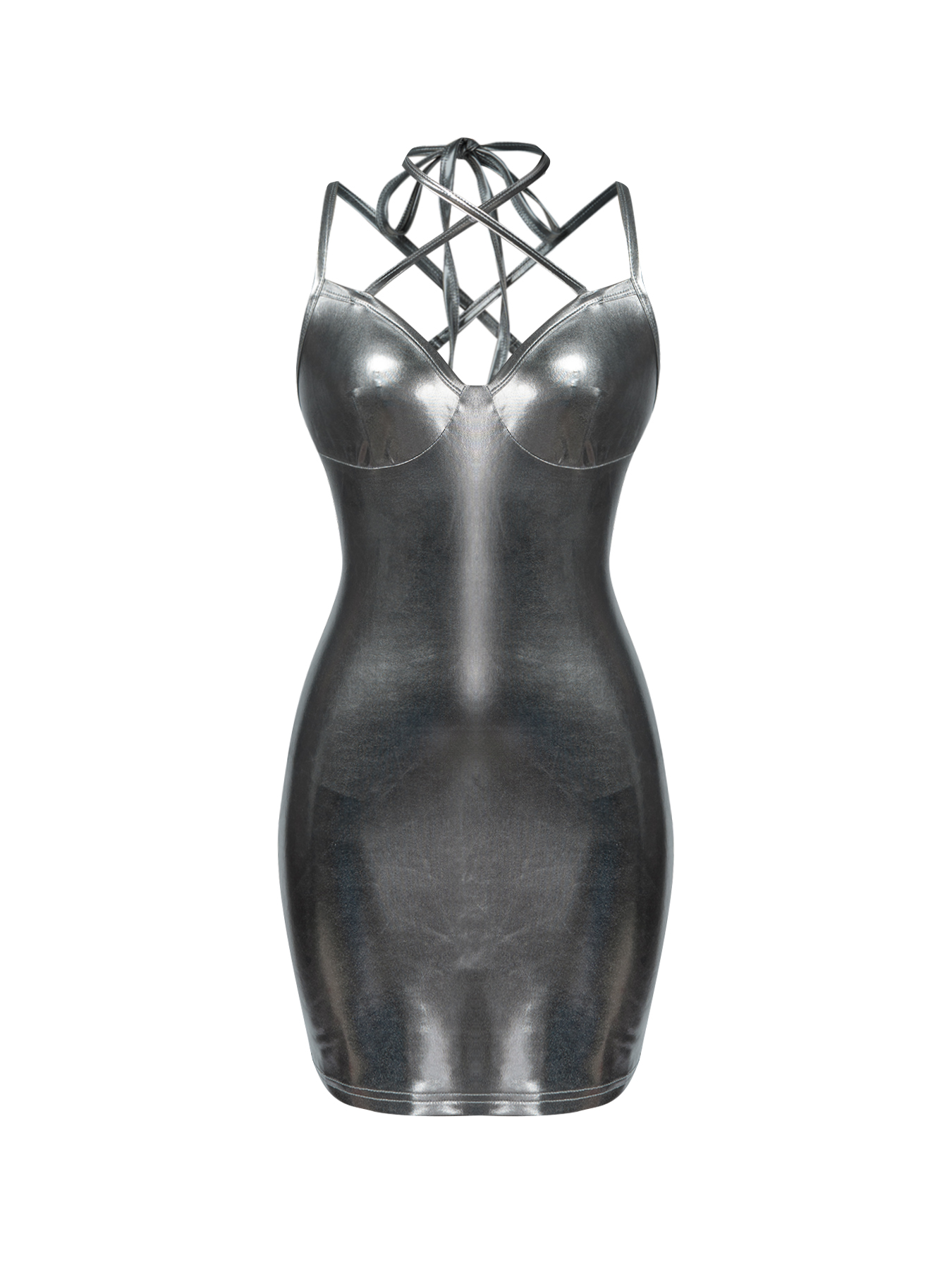 Woman's Silver Metallic Crisscross Strap Deep V Neck Bodycon Mini Dress