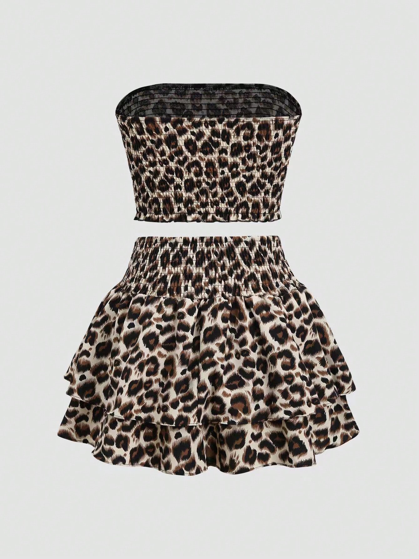 Women's Leopard Print Smocked Tube Top and Tiered Mini Skirt Set