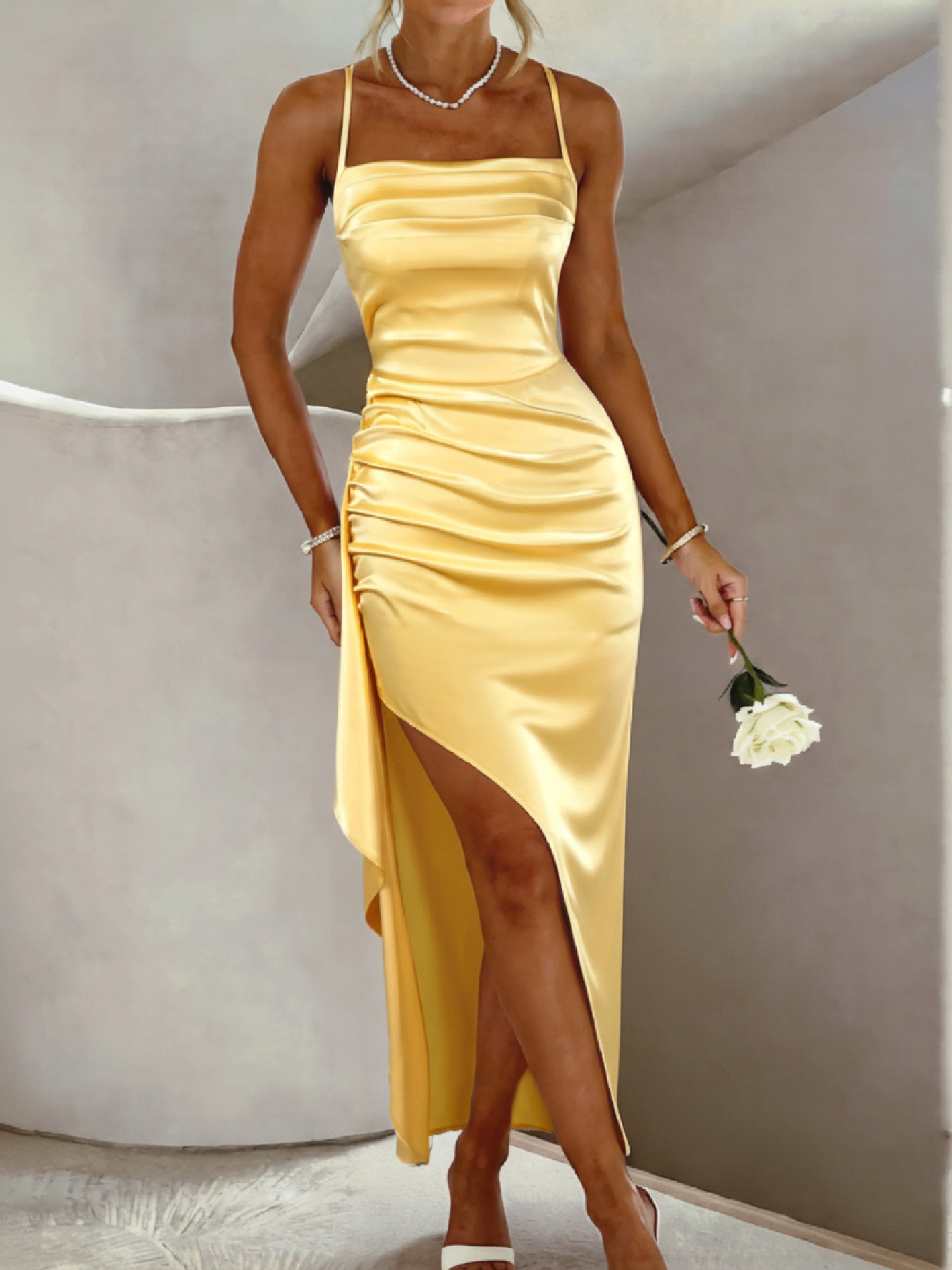 Woman's Yellow Satin Cowl Neck Ruched High Slit Maxi Dress with Thin Straps