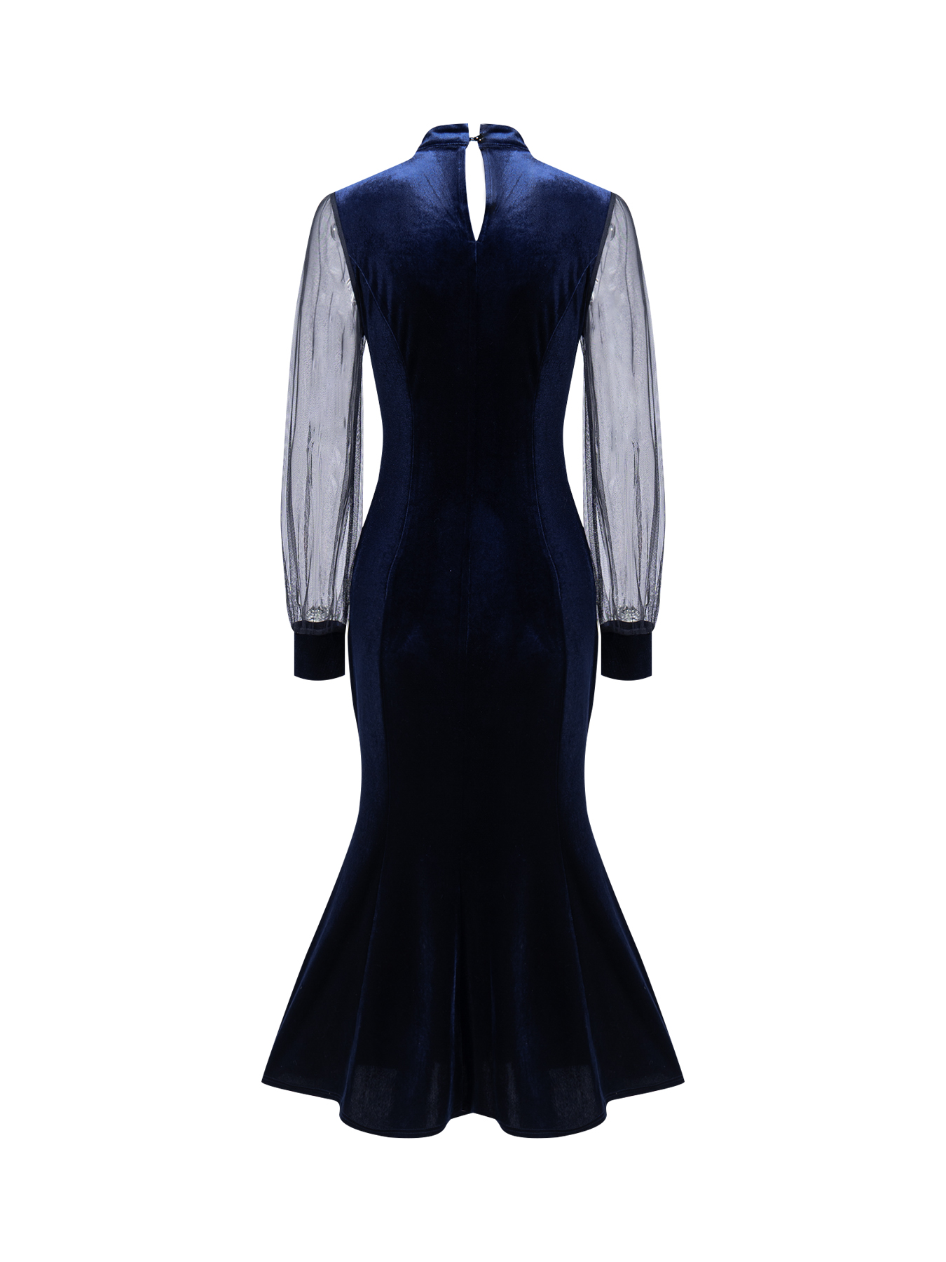Woman's Navy Blue Velvet Mock Neck Sheer Puff Sleeve Mermaid Maxi Dress