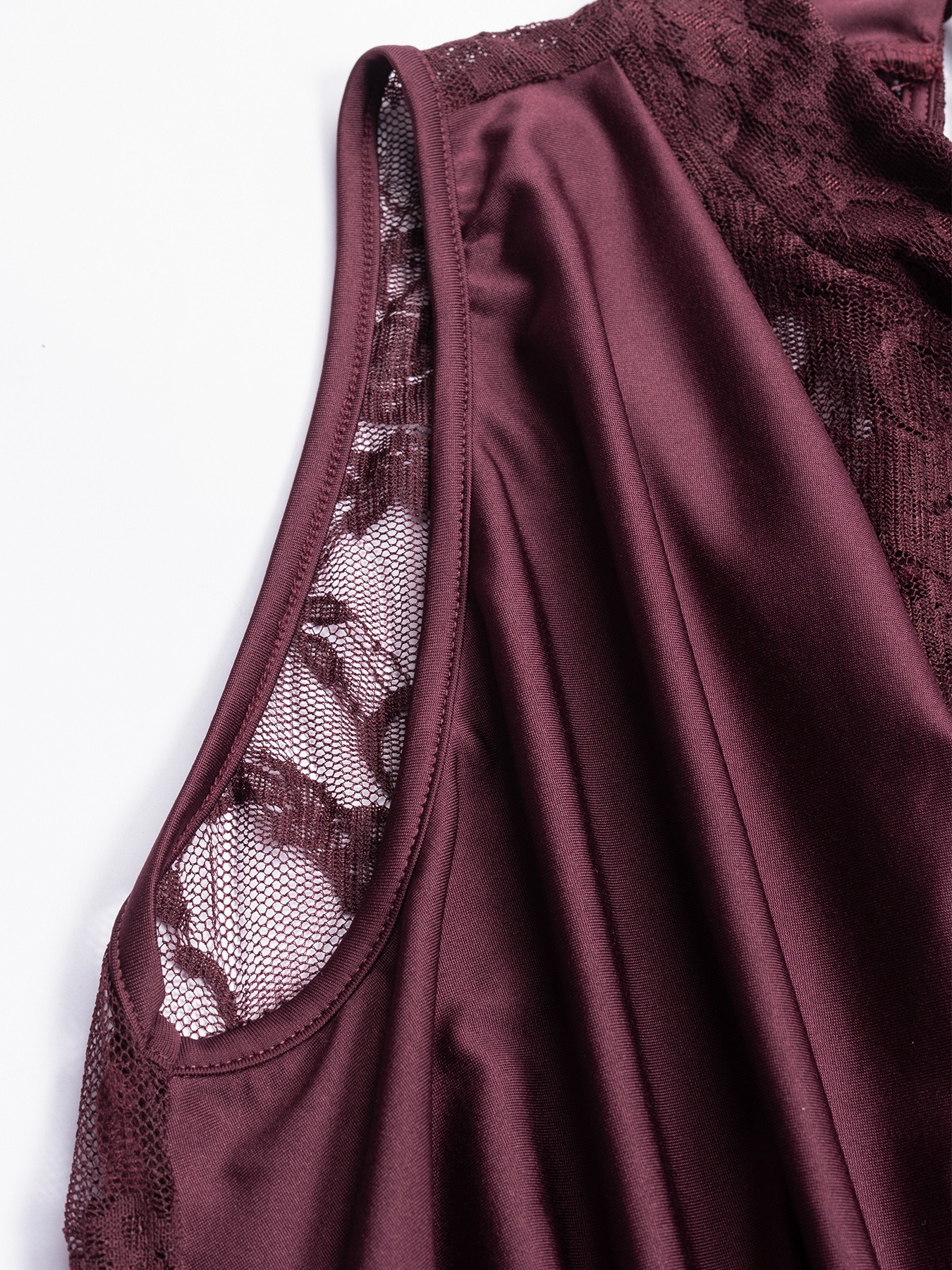 Woman's Burgundy Lace High Neck Sleeveless Bodycon Maxi Dress