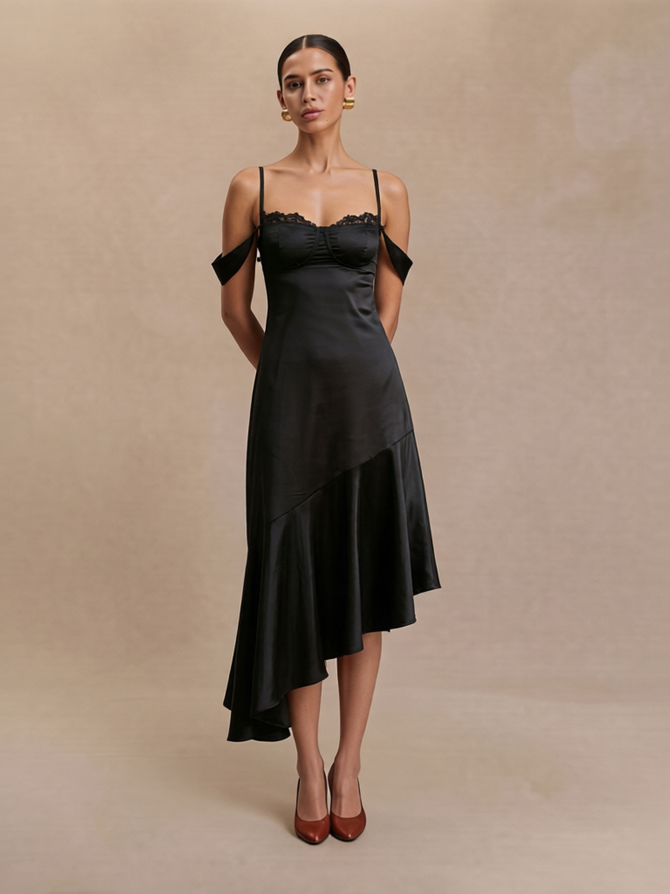 Satin Asymmetrical Midi Dress with Lace Trim