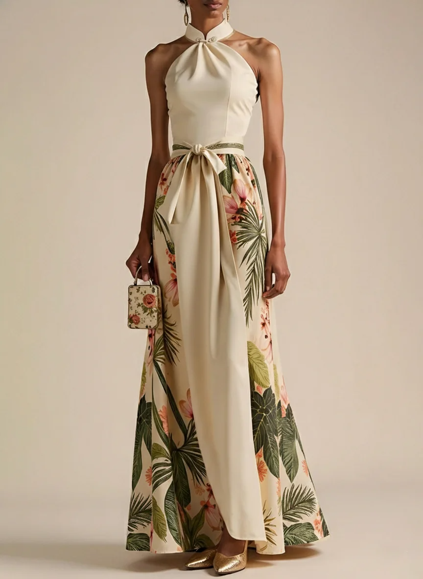 Halter Knot Tropical Floral Print Waist-Cinched Flowy Maxi Dress 