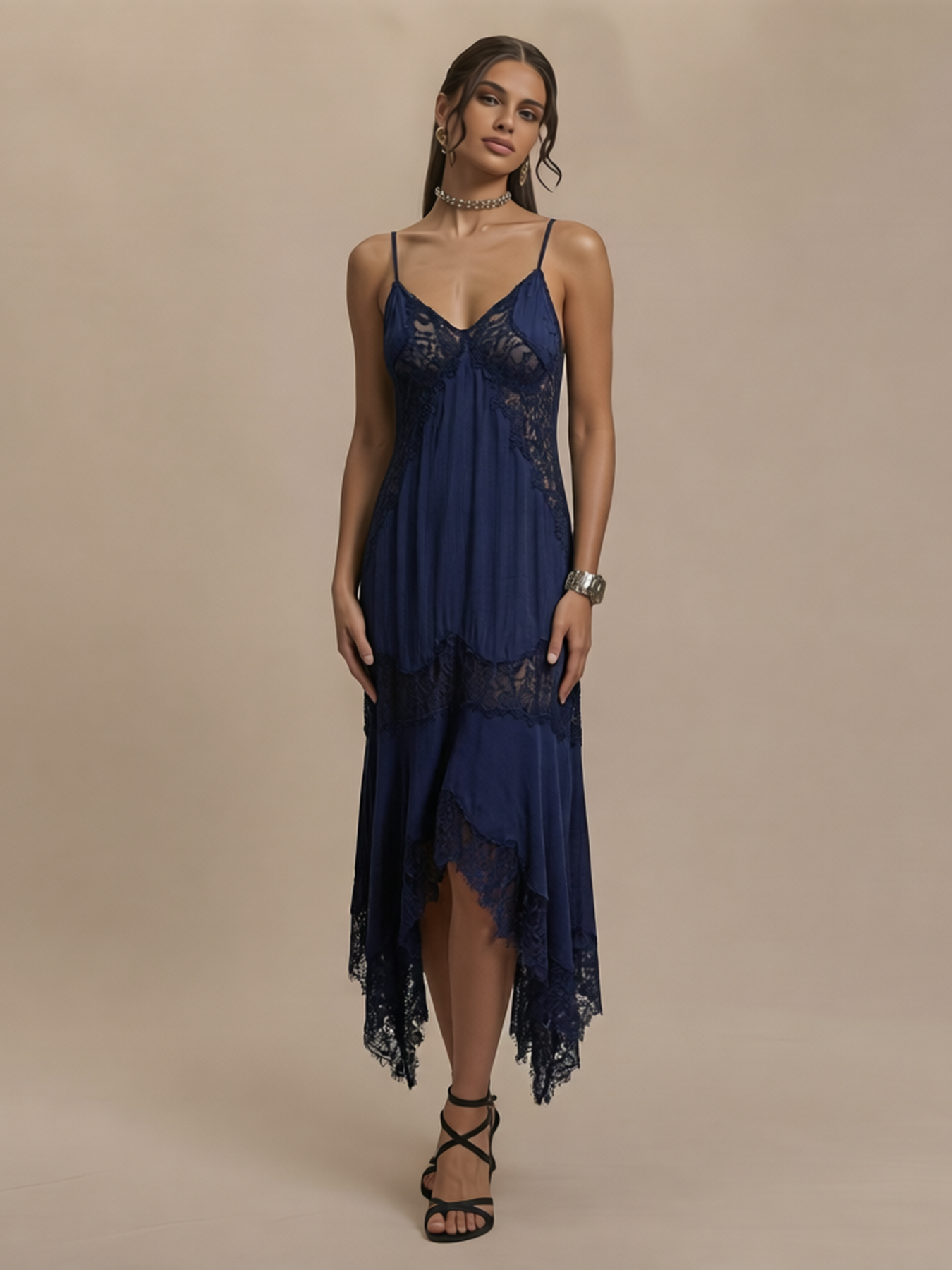 Relaxed Vacation Style Lace Panel Spaghetti Strap Dress Asymmetrical Hem 