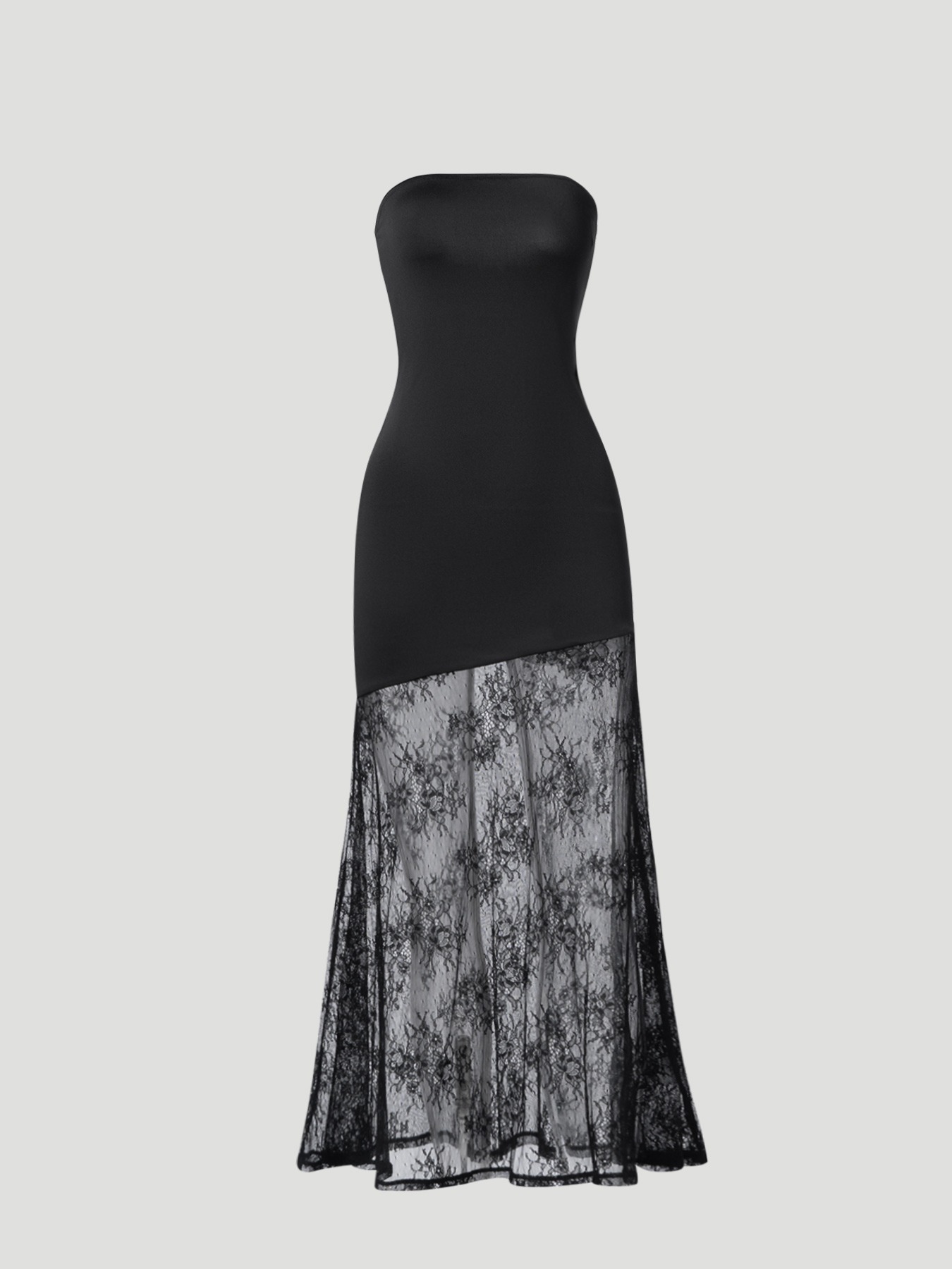Woman's Elegant & Sexy Style Black Strapless Dress: Lace Paneled Fitted Maxi Formal Dress