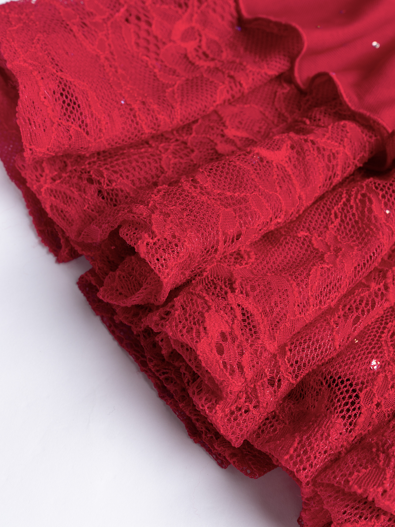 Woman's Red Glitter Ruched Drawstring Tiered Ruffle Mini Skirt