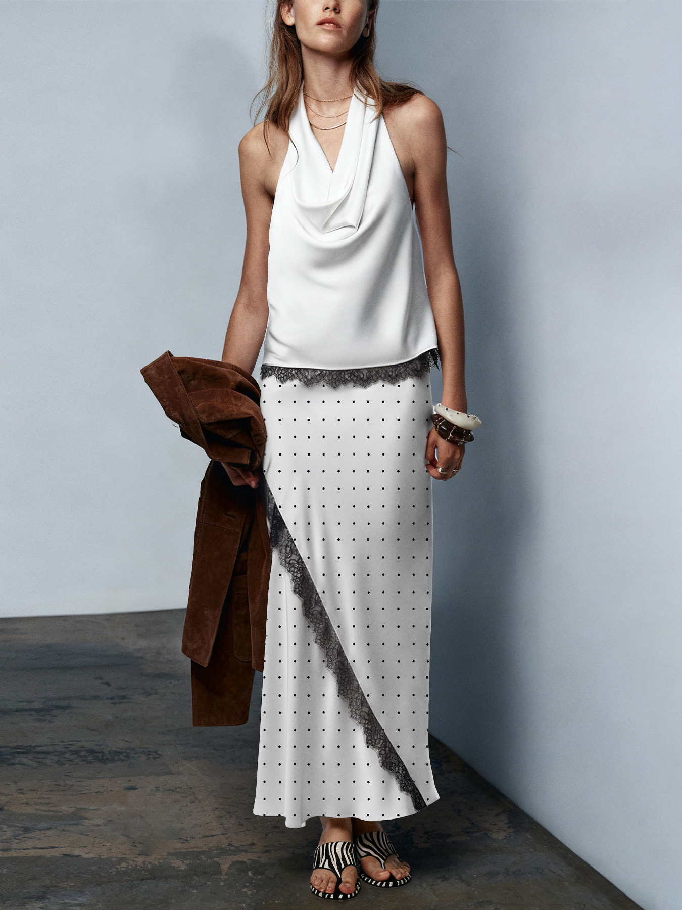 2026 Spring/Summer New Arrival: Elegant Commuter-Style Midi Skirt with Lace Trim and Color-Blocking Satin Lace-Aetheryn