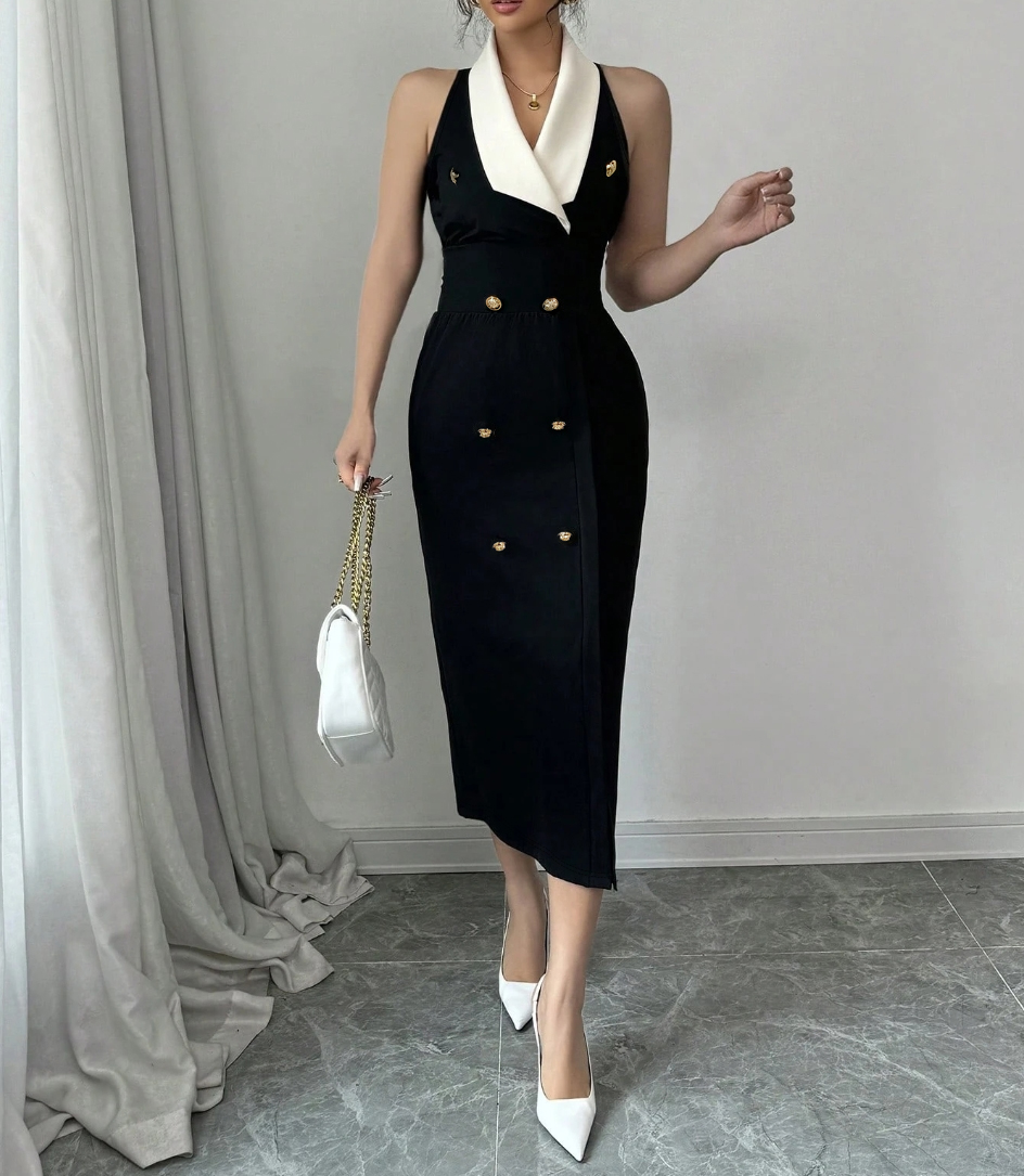 Women's Black Contrast Collar Double-Breasted Midi Dress