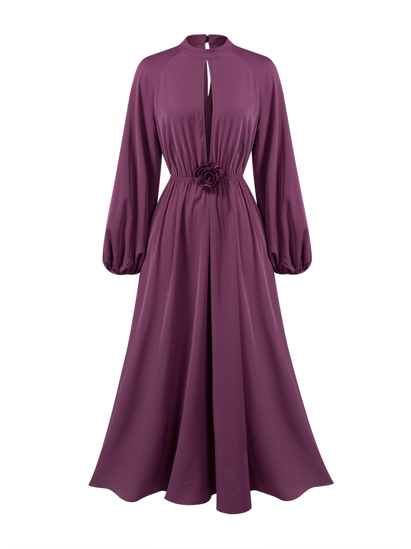 Woman's Plum Satin Keyhole Cutout Lantern Sleeve Midi Dress