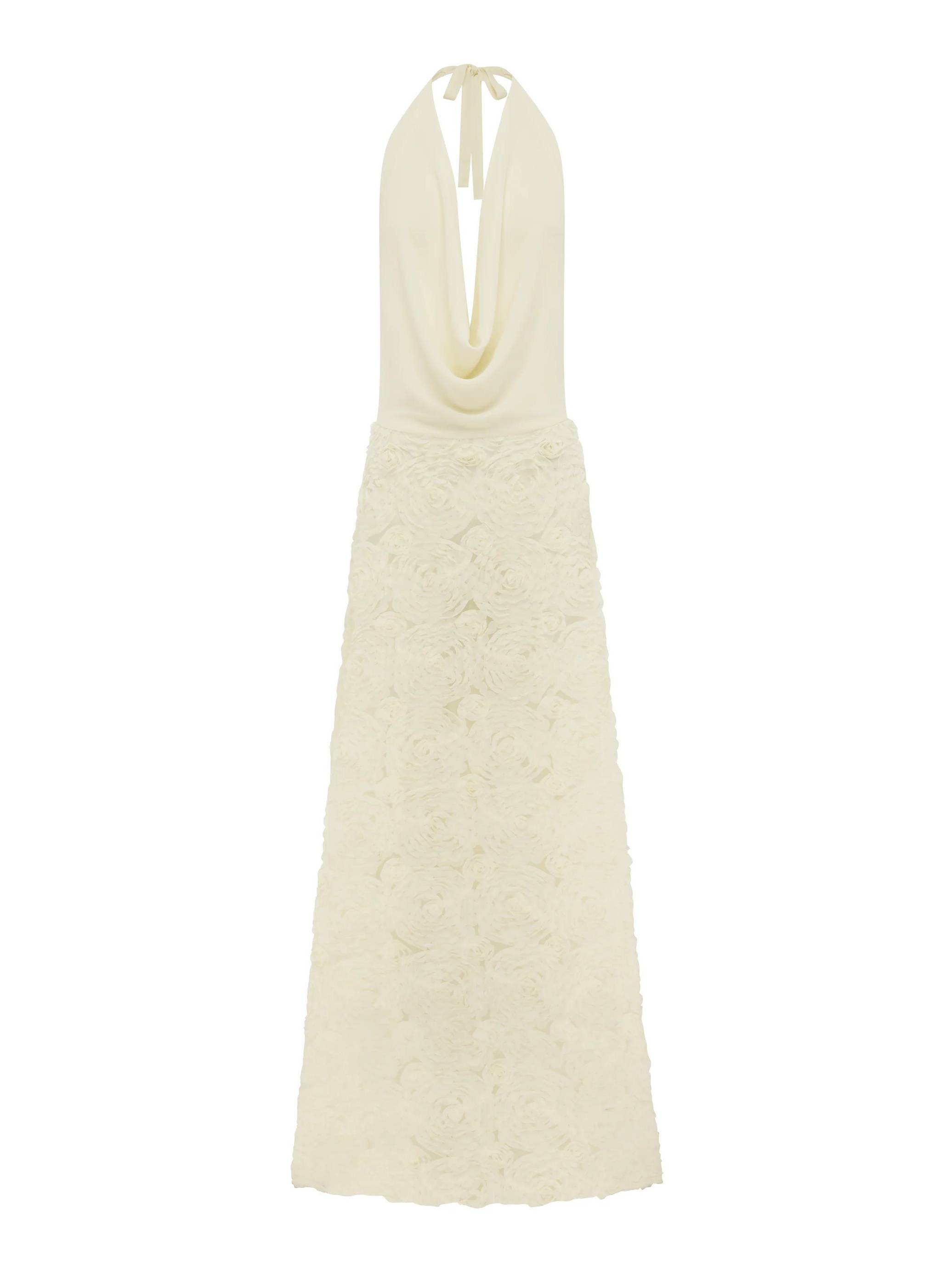 Halter Deep V Backless 3D Rose Lace Maxi Dress 